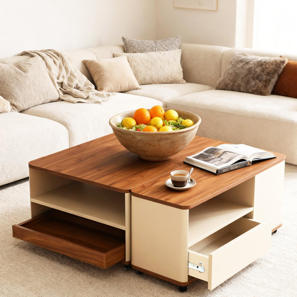 vnekjse Modular Coffee Table Set of 2 with Wheels, Convertible Farmhouse Wood Center Table with Drawer, End Tables Space Saving Flexible Layout for Small Living Room, Apartment vnekjse
