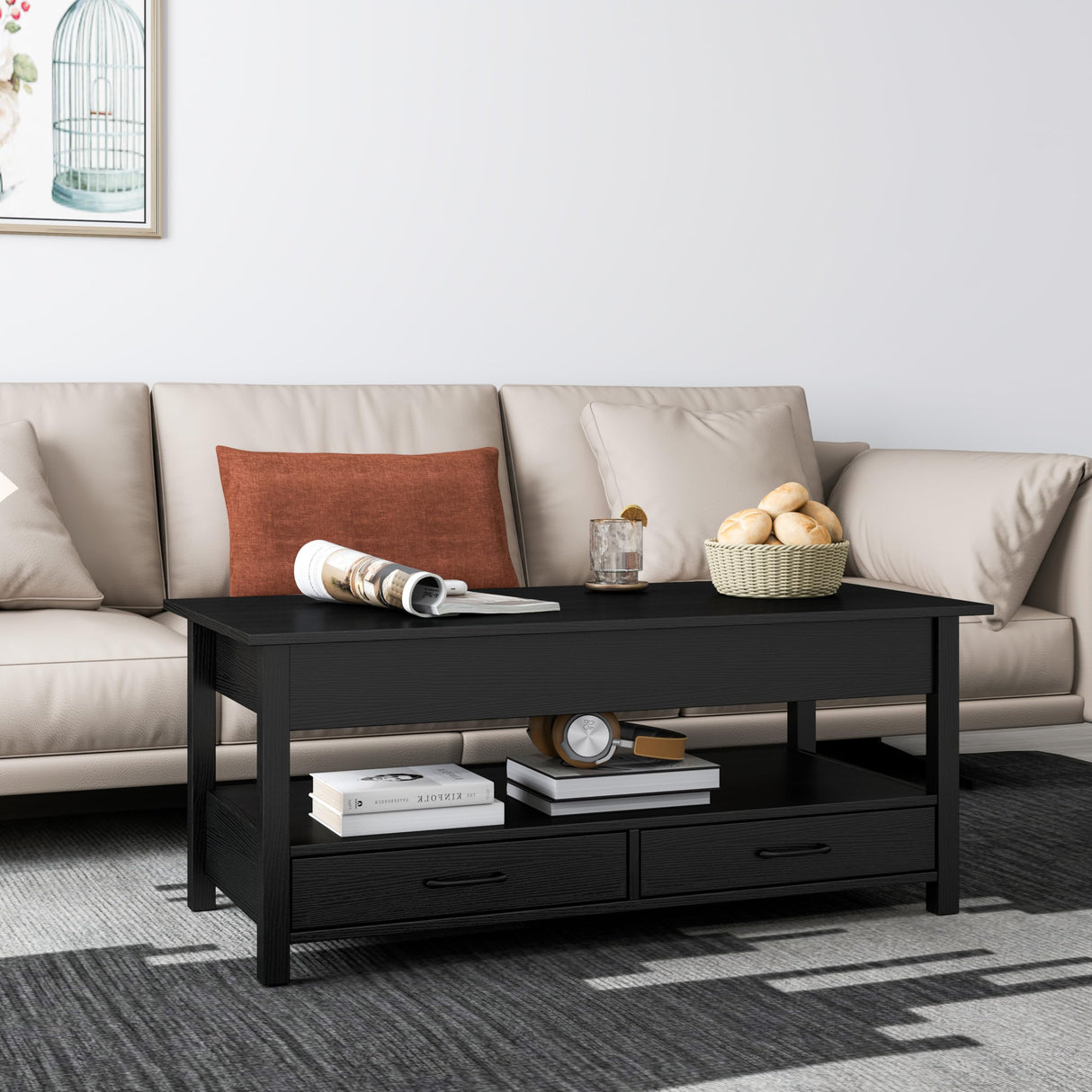 Panana Modern Coffee Table Lift Top Coffee Table with Drawers and Hidden Compartment, Tea Table with Wooden Lift Tabletop, for Living Room (Black) Panana