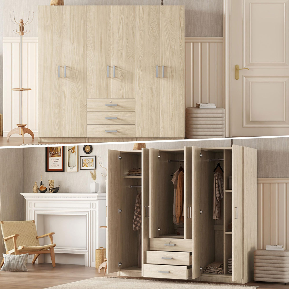 Large Wardrobe Closet 6 Doors, 70.9" W Wooden Wardrobe Cabinet with Big Drawers, Bedroom Armoire Dresser Wardrobe Clothes Organizer (Brown) BEDGJH