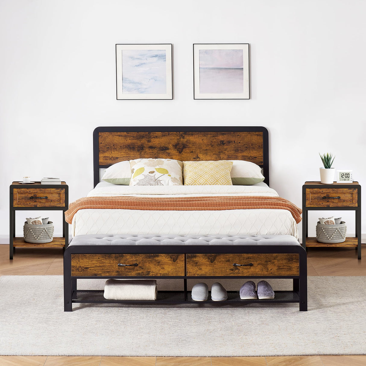 ELETHEBIA Rustic Brown 3-Piece Queen Bedroom Set with Platform Bed, Ottoman Bench, and Nightstands ELETHEBIA