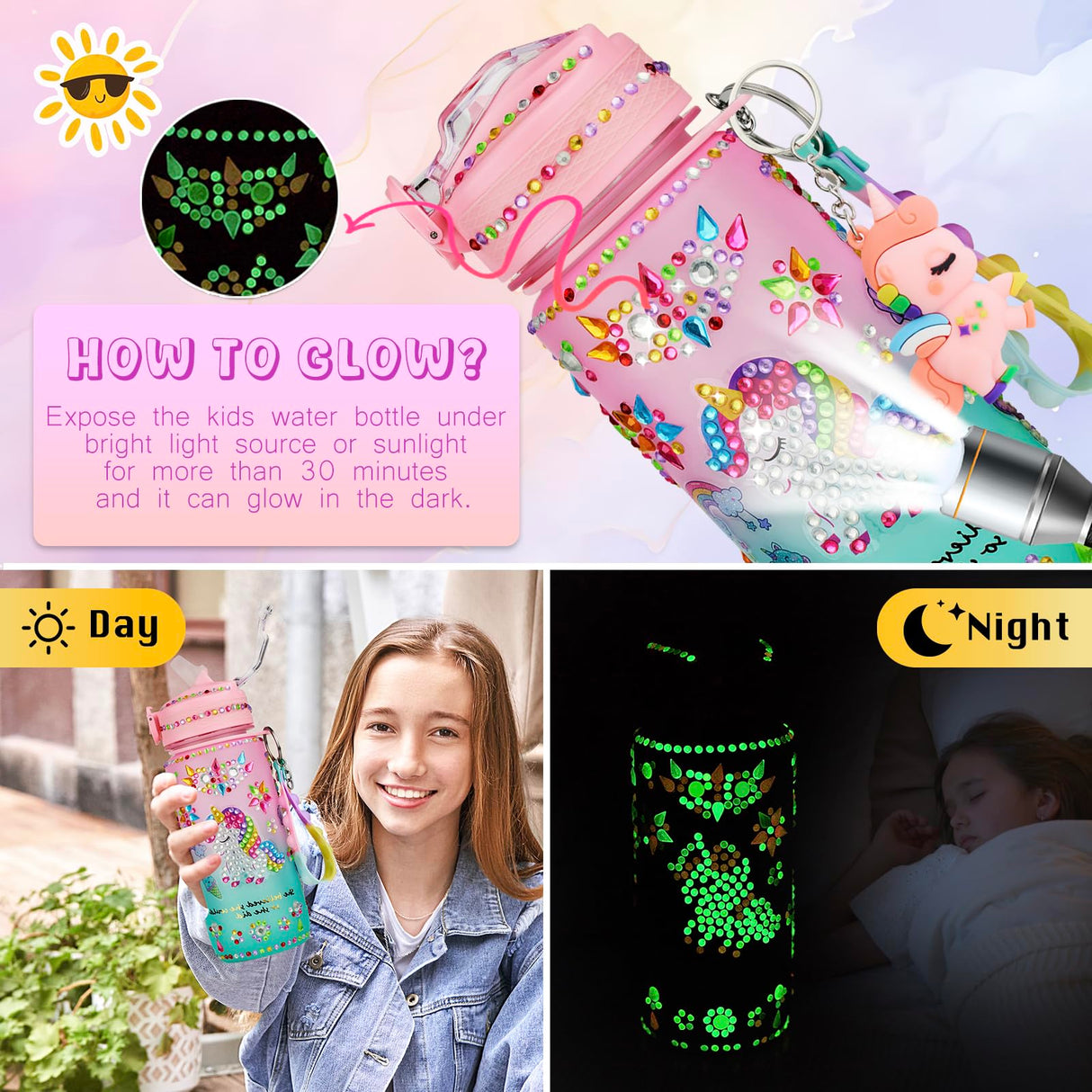 Glow in The Dark Decorate Your Own Water Bottle Kit,Unicorn Toy Gift for 4-6-8-10-12 Year Old Girl,Craft Toy for Age 3 4 5 6 7 8 9 10 Girl,Kid Teen Water Bottle Sticker for School Christmas Birthday Bemetu