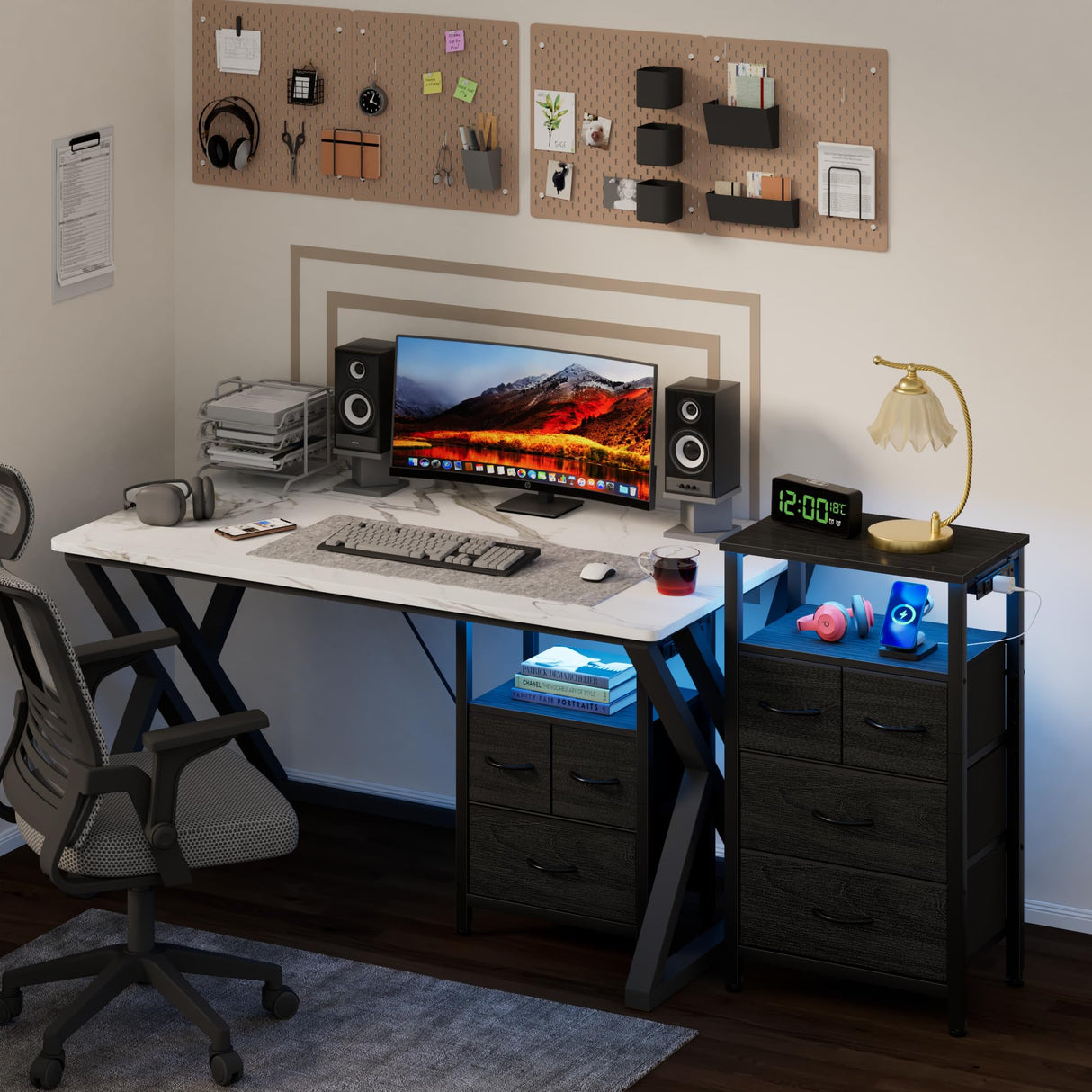 Furnulem Black Nightstand with Wood Shelf, Bedside Table with Led Light and Charging Station, 25.8 Inch End Table with 3 Fabric Storage Drawers, Small Side Table Night Stand for Bedroom Furniture Furnulem