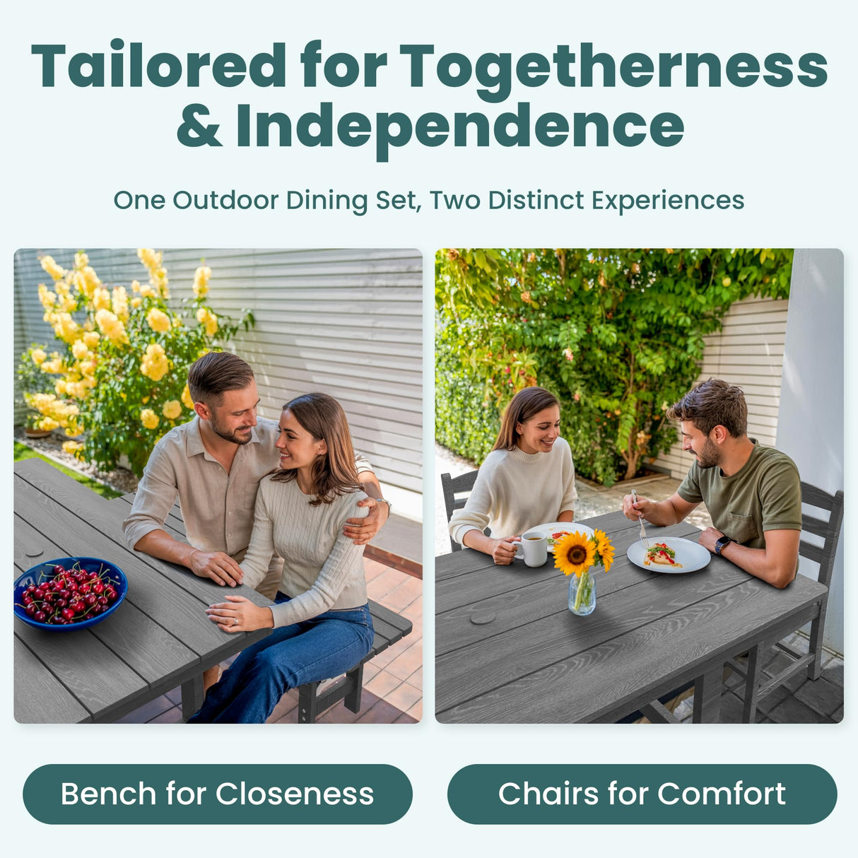 Pamapic 6 PCS Outdoor Dining Set, Spacious HDPE Outdoor Table with 4 Chairs and 1 Bench, Wood Grain Patio Furniture Sets with Elegant Armrest, All-Weather Patio Dining Table with Umbrella Hole, Gray Pamapic