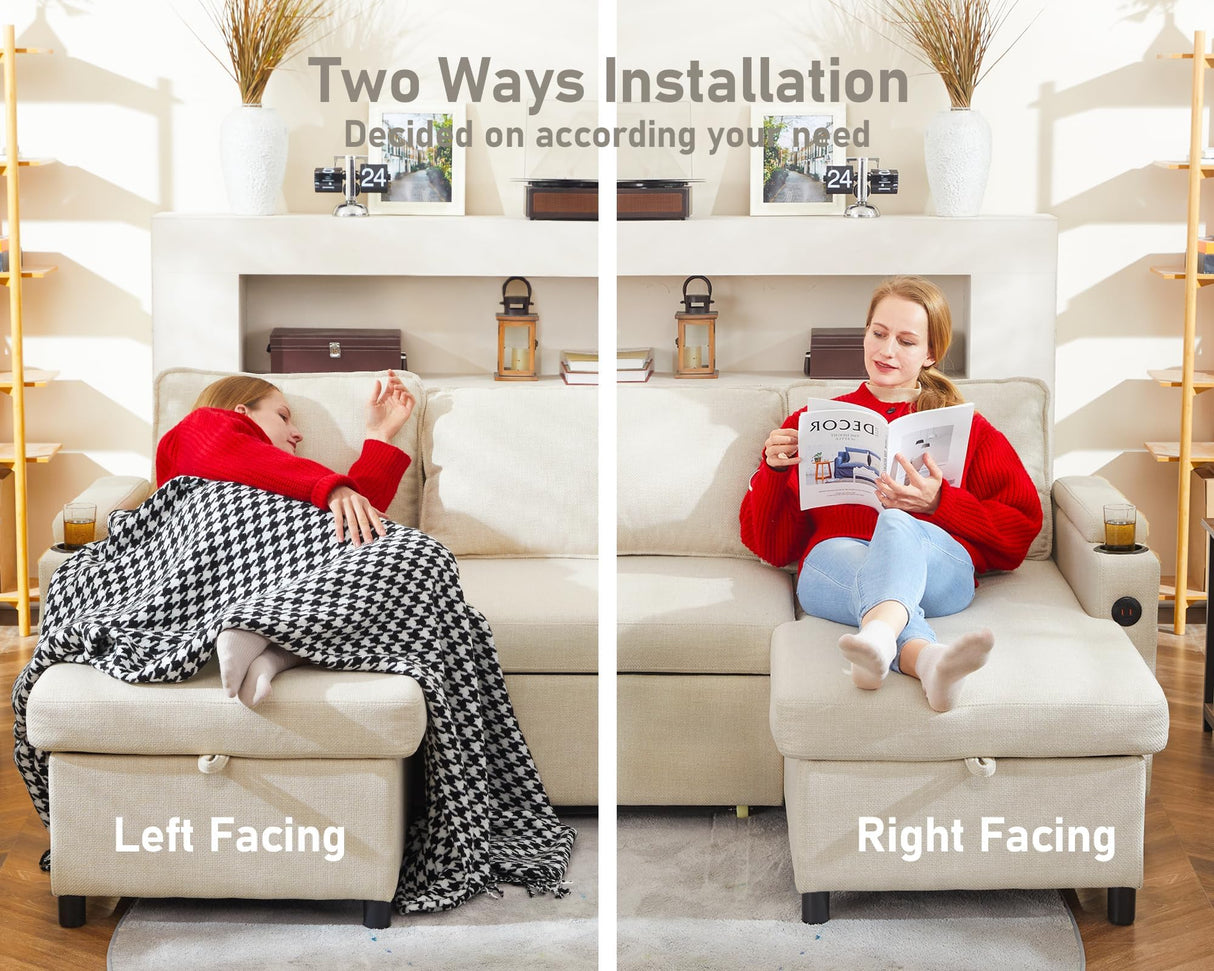 DURASPACE Sofa Bed Sleeper Pull Out 2 in 1 Sectional Sleeper Sofa Couches with Storage,USB, Cup Holder,Pullout Sectional Couches for Apartment Living Room (Beige) DURASPACE