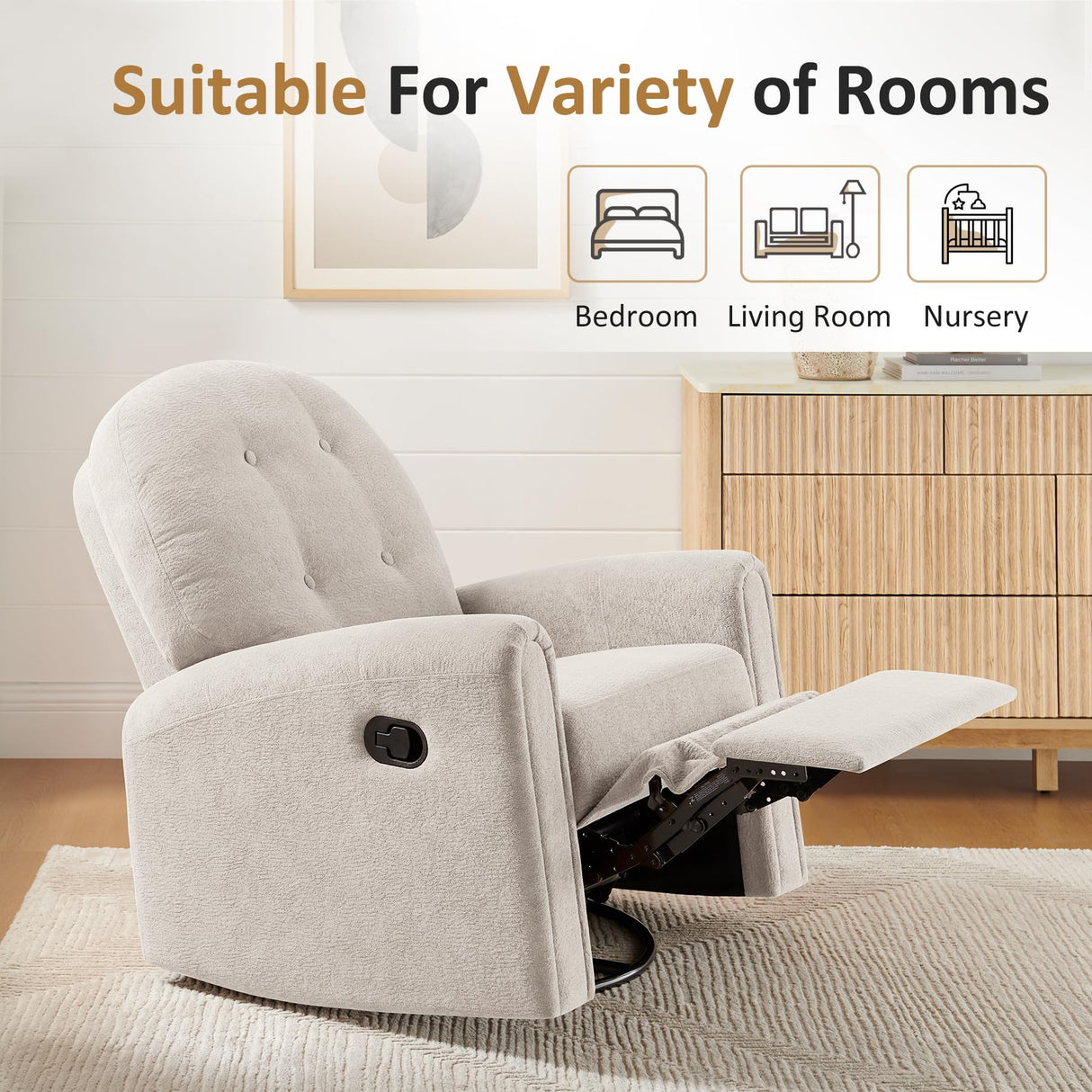 VANOMi 360 Swivel Rocker Recliner Chair, Nursery Rocking Chair with Tufted Backrest, Manual Recliner Chairs for Small Spaces, Upholstered Glider Nursing Chair for Living Room, Bedroom (Camel) VANOMi