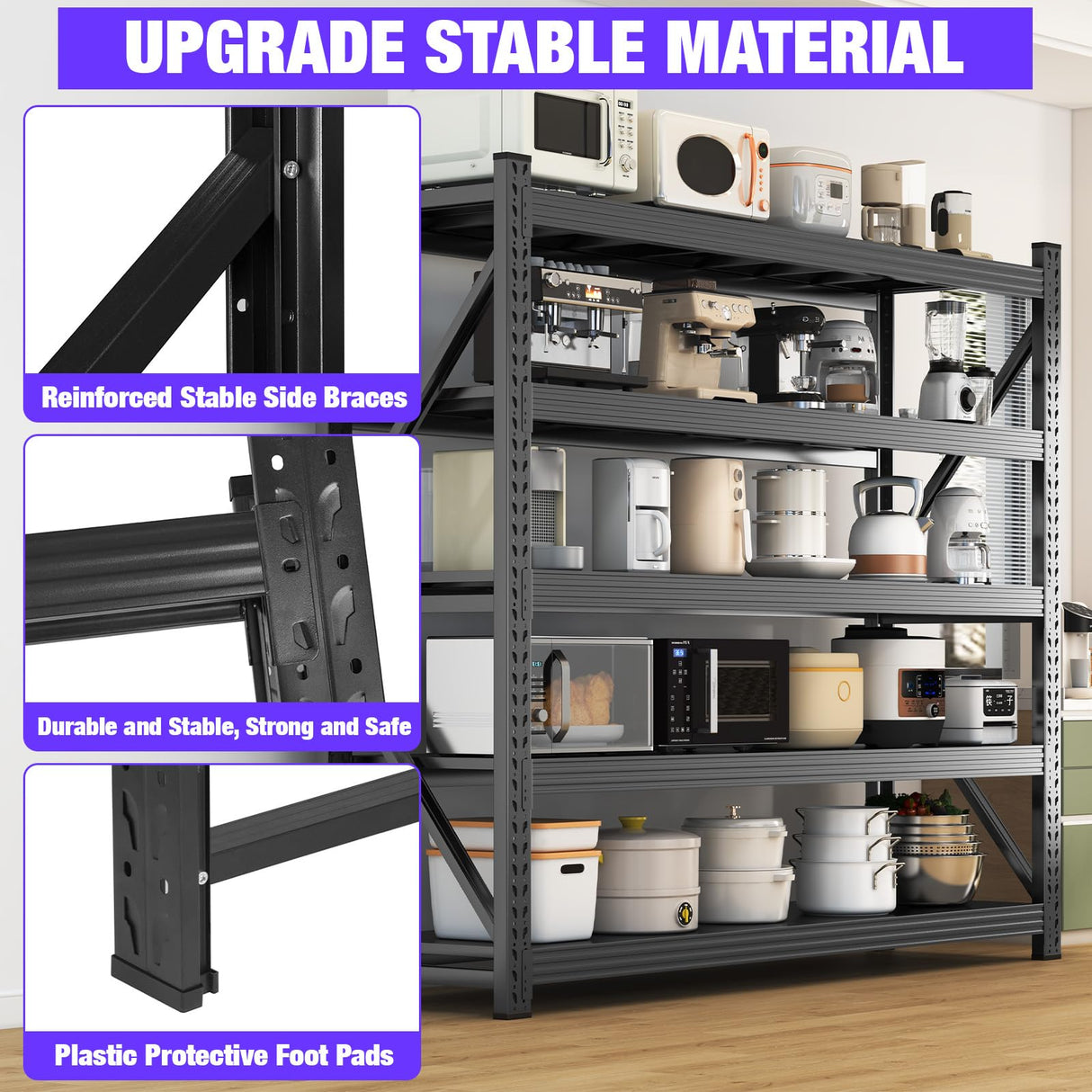 8000LBS Garage Shelving Heavy Duty, 5-Tier 71" H Storage Garage Shelves, Industrial Adjustable Metal Shelving Units for Garages, Warehouses, Kitchen, Black, 63" W x 24" D x 71" H Koestem