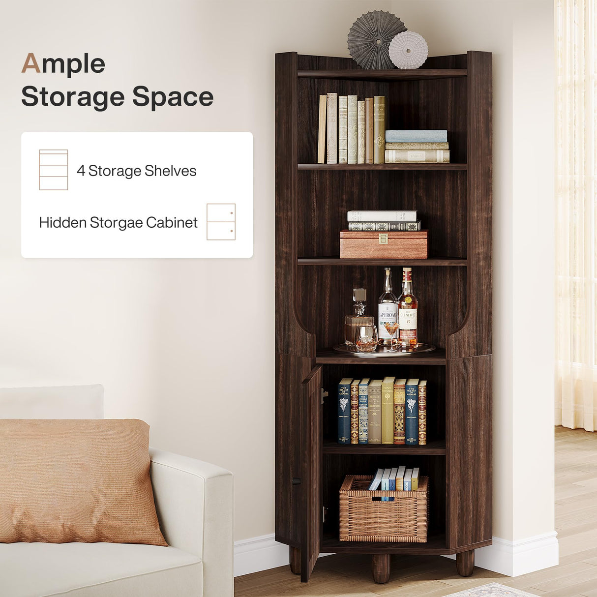 Tribesigns 68-Inch Tall Corner Cabinet, Farmhouse Corner Cabinet with Doors, 6-Tier Storage Cabinet with Removable Shelf for Living Room, Kitchen, Bathroom, Brown Tribesigns