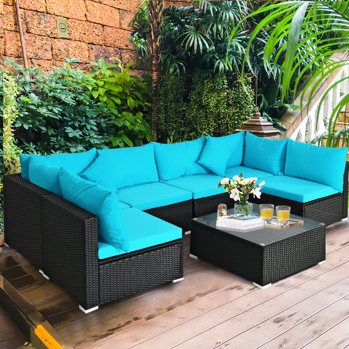 COSTWAY 7 Pieces Patio Furniture Set, Outdoor Rattan Conversation Set with 6 Seats, Coffee Tea Table, Soft Cushions, Wicker Patio Sectional Sofa for Garden Balcony Porch Poolside, Turquoise COSTWAY