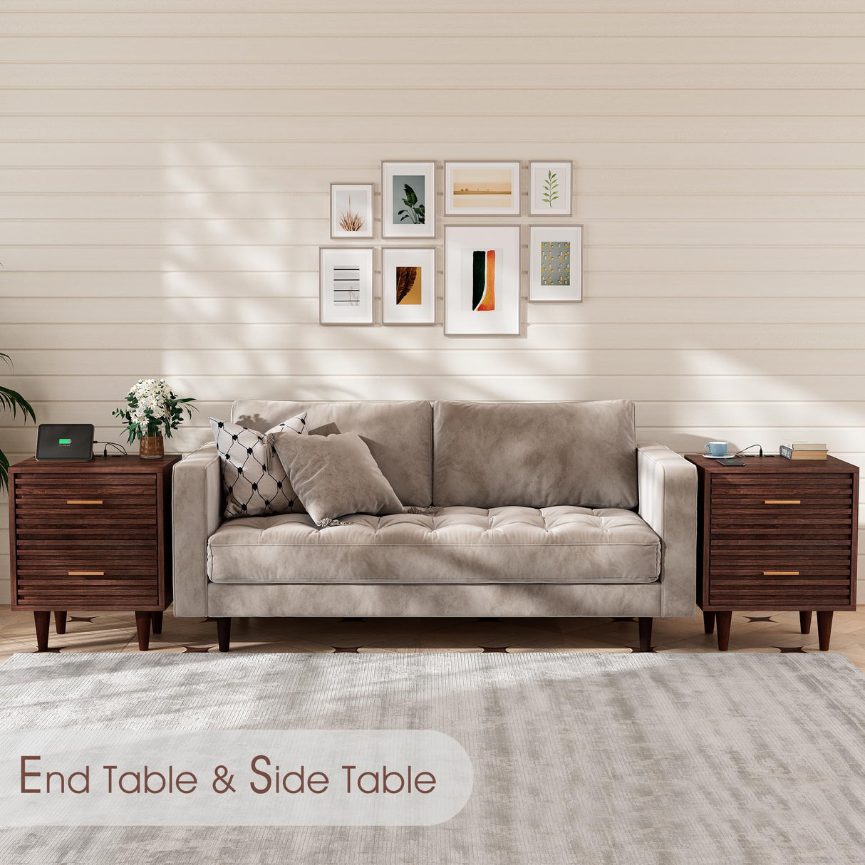 Night Stand with Charging Station Set of 2, Side Table with 2 Drawers, Mid Century Modern End Table with Storage, Wood Bedside Table with USB Ports and Outlets, Nightstand for Bedroom, Brown 2PCS Alohappy
