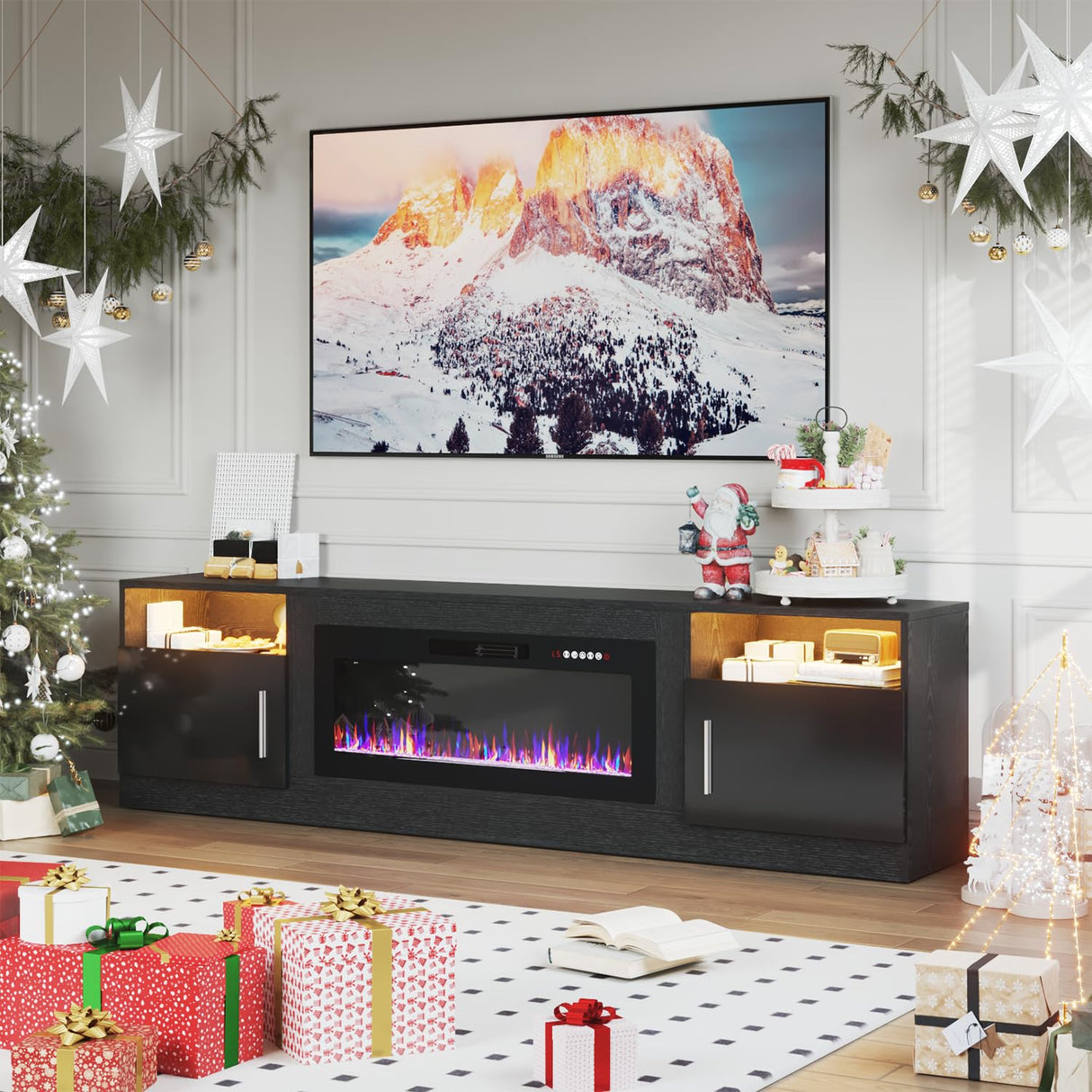 PRETZI Fireplace TV Stand with 36" Fireplace Up to 90" TVs,80" Entertainment Center with LED Lights,Remote Control,TV Media Console with Storage Cabinets for Living Room, Black PRETZI