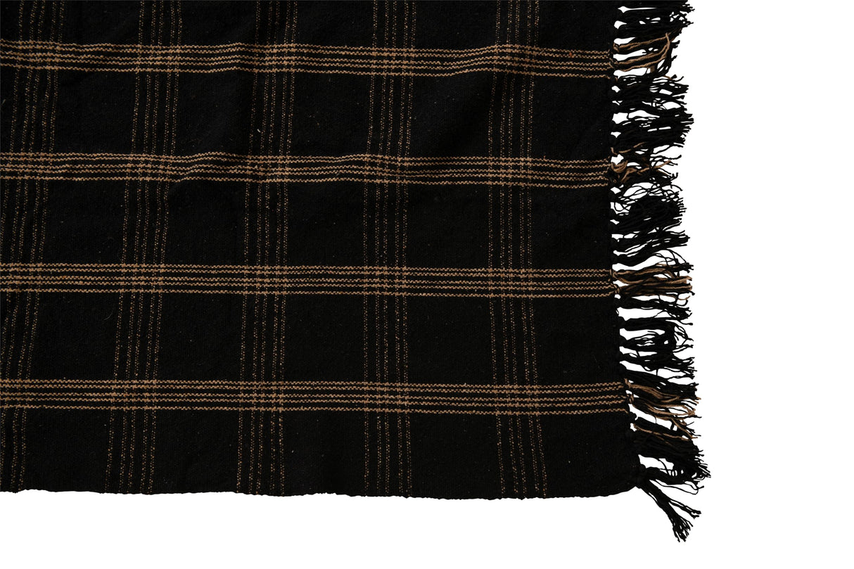 Plaid Black & Tan Fringed Woven Cotton Blend Throw Creative Co-Op
