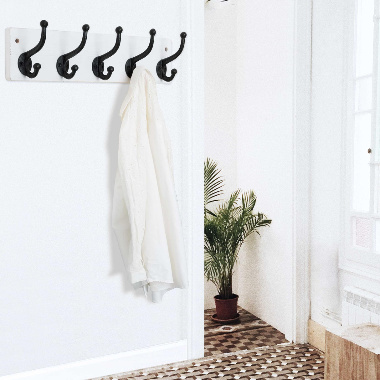 WEBI Rustic Coat Rack Wall Mount,5 Cast Iron Coat Hooks Wall Mounted,Heavy Duty Wall Coat Hanger,Vintage Hooks for Hanging Coats,Clothes,Black on White WEBI