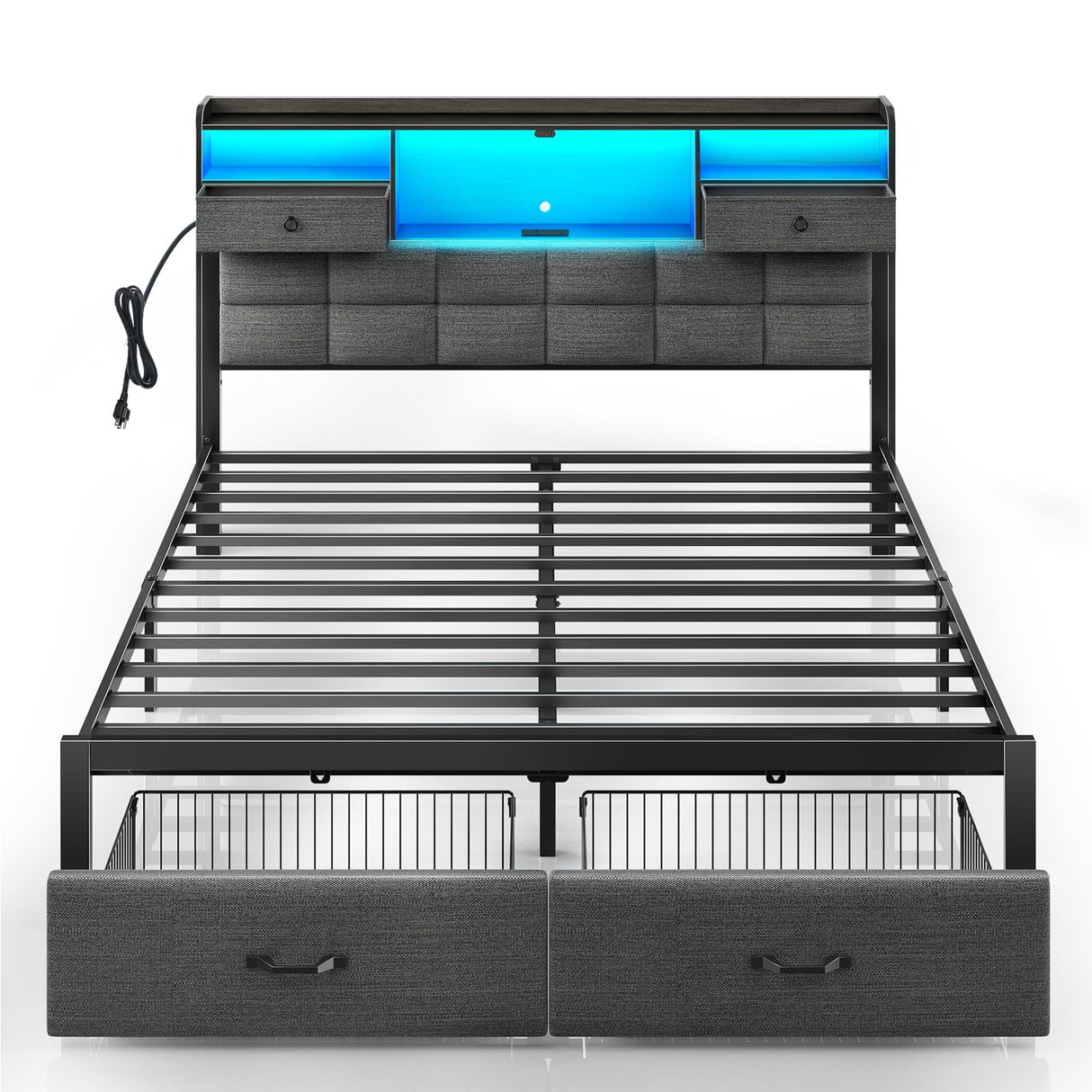 Rolanstar Bed Frame Queen Size with Drawers and Charging Station, Upholstered Platform Bed with Storage Headboard and LED Light, Heavy Duty Metal Frame Support, No Box Spring Needed, Noise Free, Grey Rolanstar