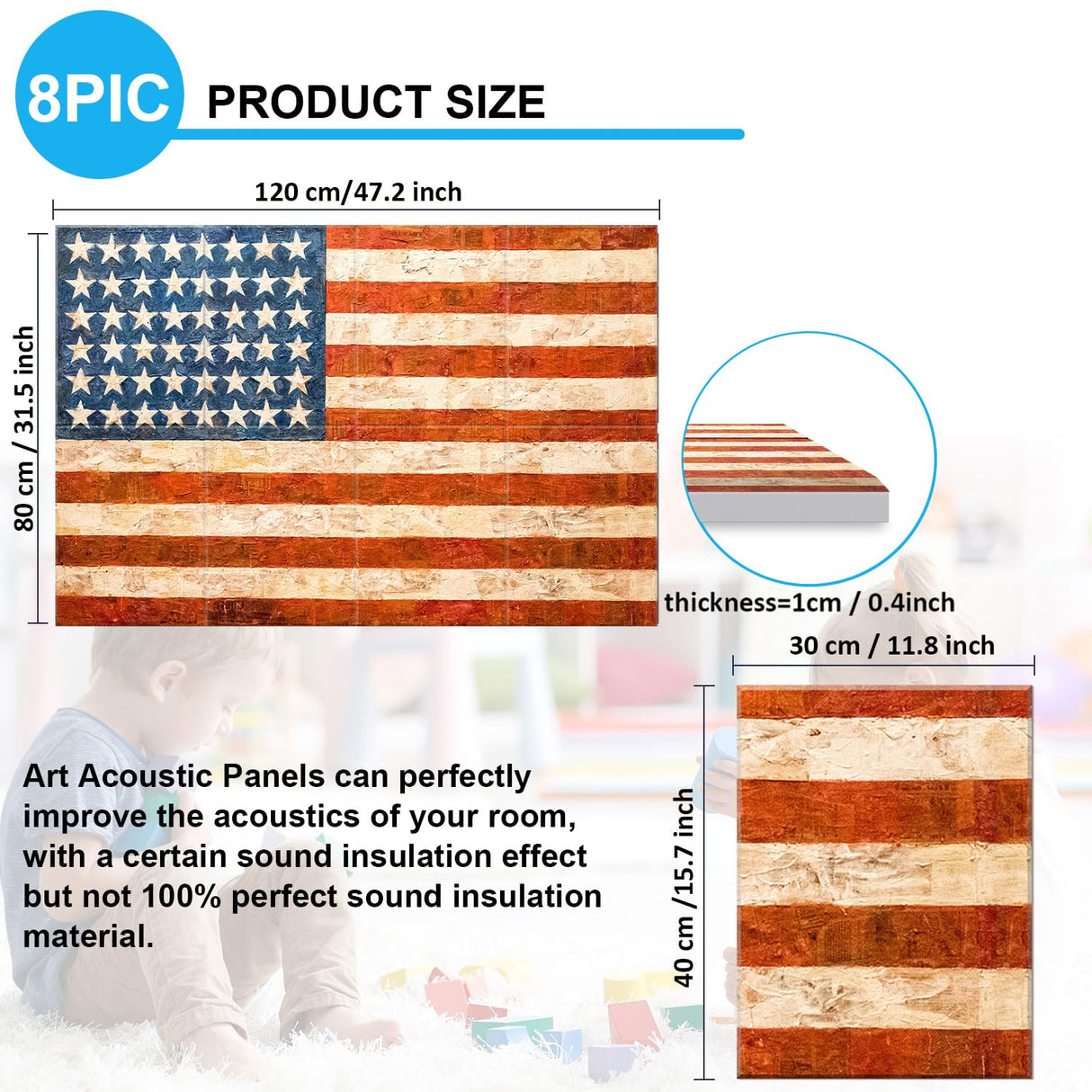 Art Acoustic Panels, 8 Pack Self-Adhesive Large Wall Art Paintings for Wall Decoration, Sound Absorbing Panels for Recording Studio, Living room and Bedroom,48X32inch (FLAG) JBER