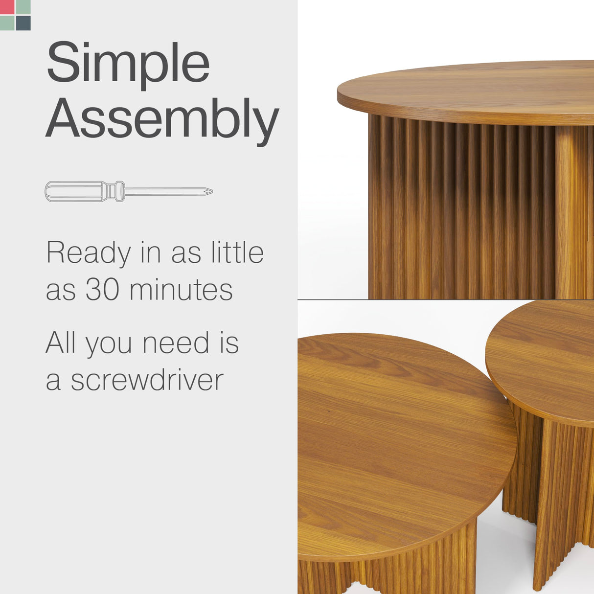 Stead Round Fluted Nesting Coffee Table - 2 Piece Coffee Table Set - Living Room Furniture - Modern Home Decor - Solid Wood Base and Wood Grain Veneer Top (Medium Oak) - Living Room Furniture Sets Stead