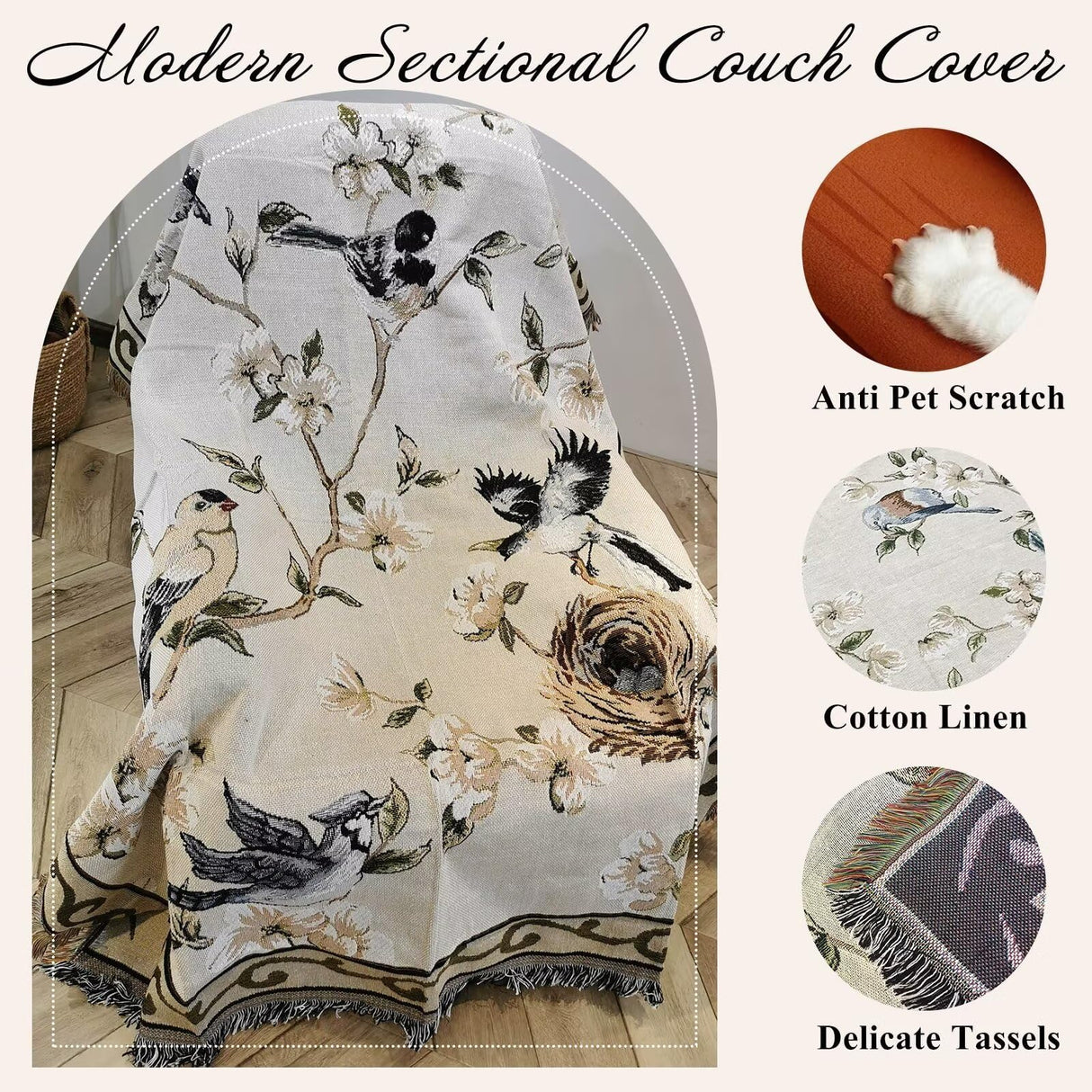 VClife Boho Beige Floral Birds Couch Cover Soft Thick Cotton Linen Farmhouse Sofa Cover for 3 Cushion Couch Sofa, Breathable Non-Slip Sectional Sofa Protector 1 PC Futon L Shpe Slipcover with Tassels VClife