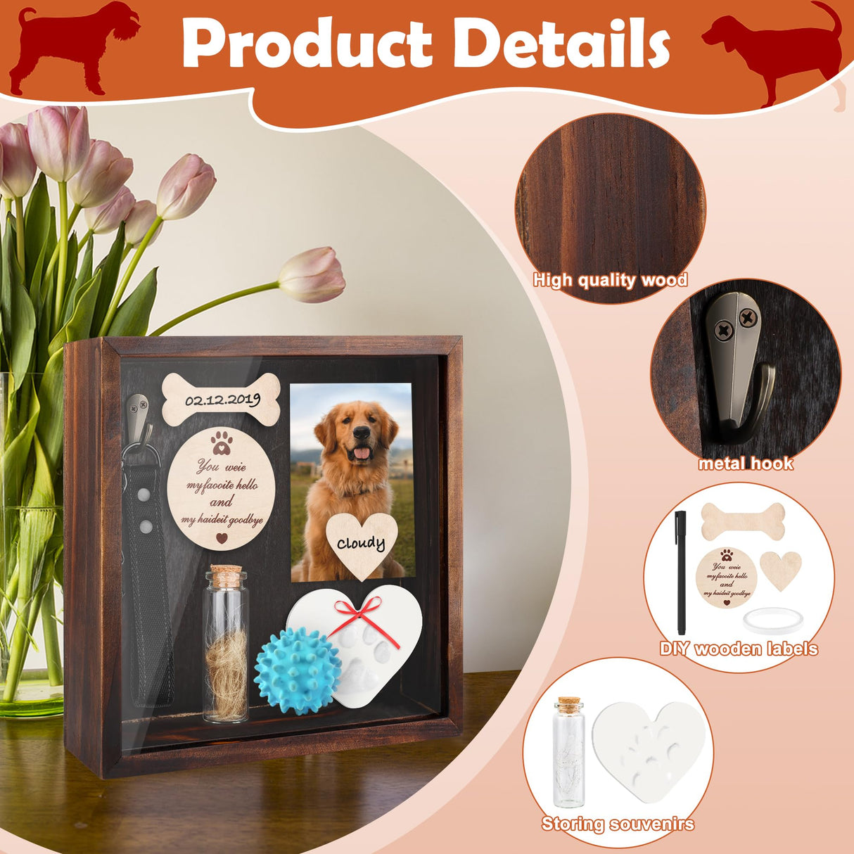 Windspeed 8.7 in Pet Memorial Shadow Box Personalized Pet Memorial Shadow Box Frame Dog Collar Dog Picture Gift Clay Paw Print Kit with Urn, Ideal Gift for Pet Lover, Can be Tabletop Wall Hanging Windspeed