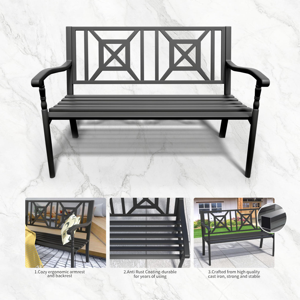 YLGJ&TIDY 50" Heavy Duty Iron Outdoor Bench - Weatherproof with Ergonomic Backrest & Armrests for Garden, Park, Patio, Porch, Lawn, Yard YLGJ&TIDY