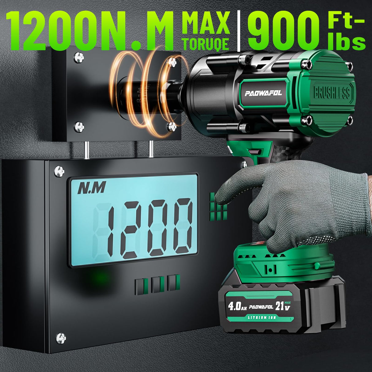 Paowafol 1200N.m(900ft-lbs) Cordless Impact Wrench, High Torque 1/2" Impact Gun with 2* 21V 4.0AH Battery, Fast Charger, 5 Sockets & Storage Case, Brushless Pistola De Impacto for Home Car Truck Tires PAOWAFOL