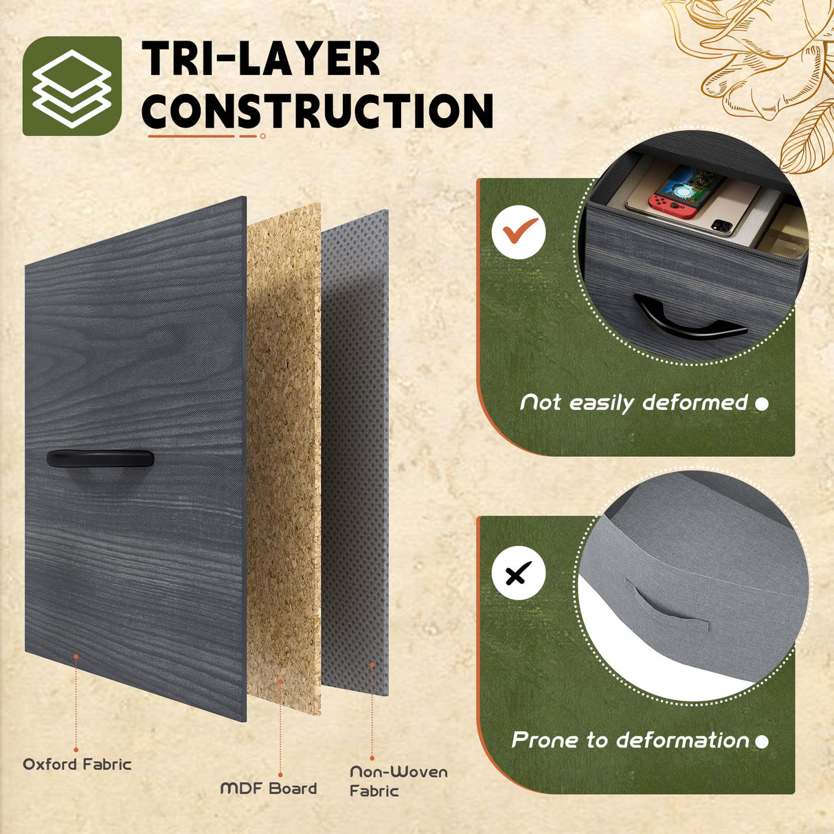 DWVO Dresser with 5 Drawers - Fabric Storage Tower, Organizer Unit for Bedroom, Living Room, Closets - Sturdy Steel Frame, Wooden Top DWVO