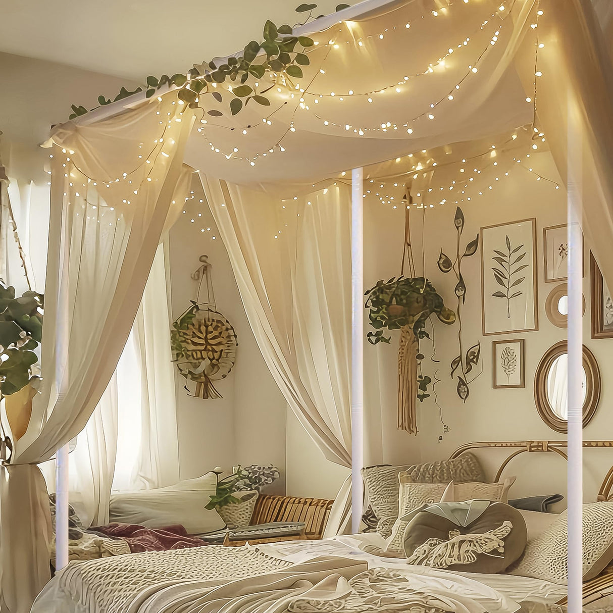 Stainless Steel Canopy Bed Frame Queen Size, Heavy Duty Queen Size Metal Canopy Frame for Metal Bed Wood Bed Bedroom Decor, White Jondow