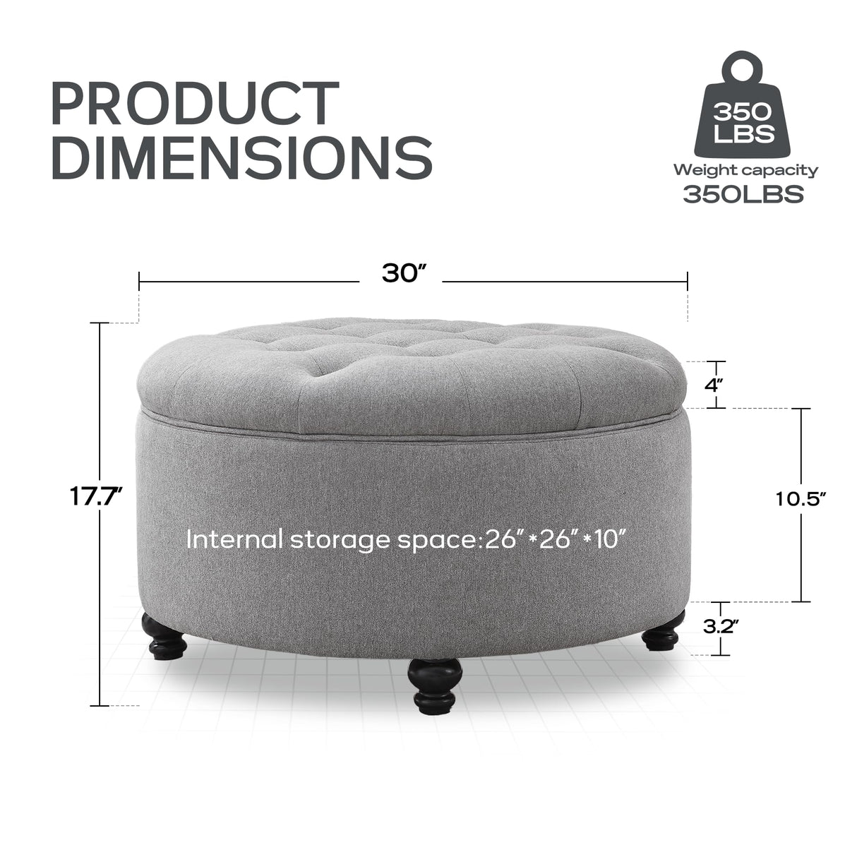 HUIMO 30-Inch Round Storage Ottoman, Modern Button Tufted Coffee Table with Removeable Top, Upholstered Ottoman with Storage Footrest Stool for Living Room, Bedroom and Office(Grey) HUIMO
