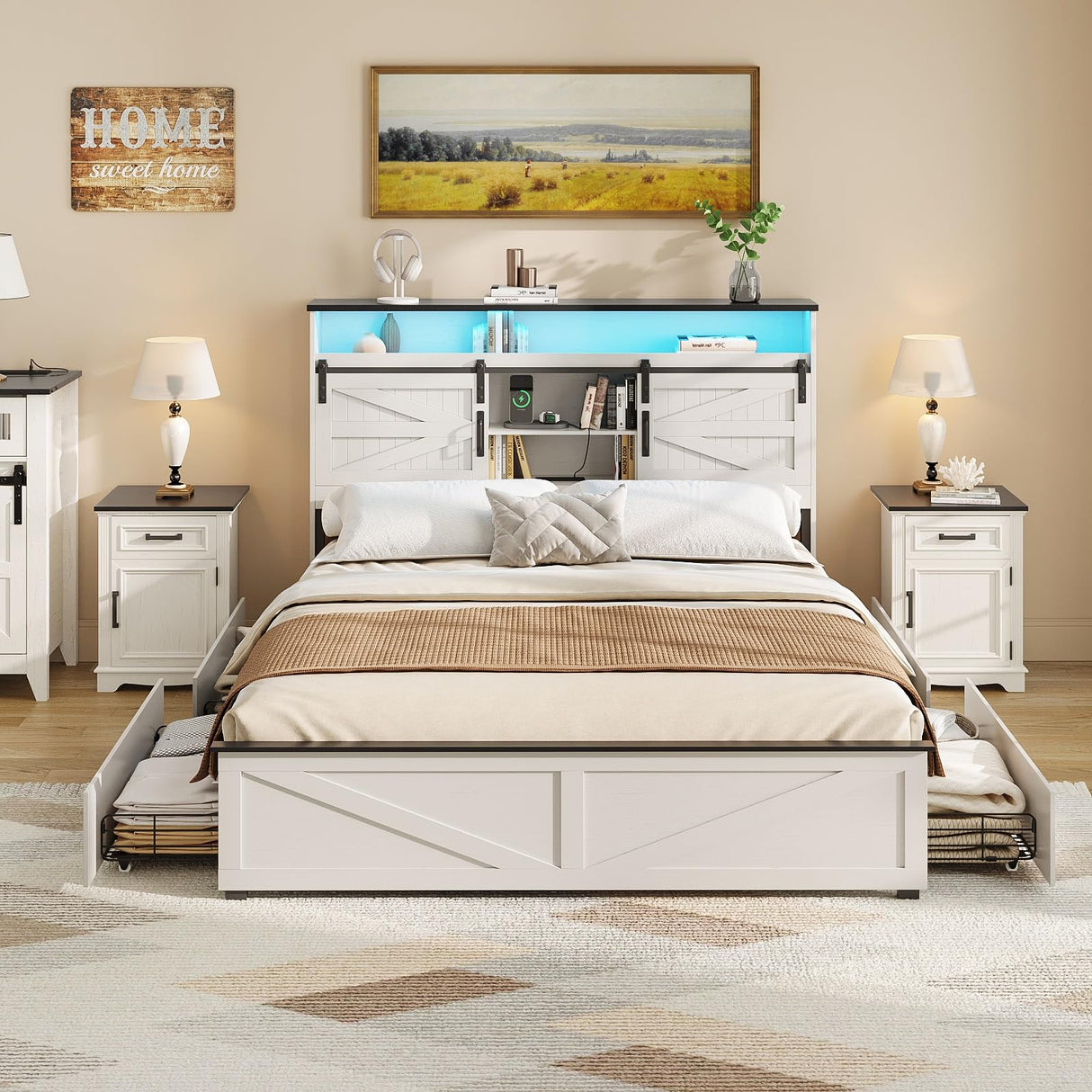 Maupvit Full Size Farmhouse Bed Frame with 4 Drawers and LED Light, Sliding Barn Door Storage Shelves and Charging Station Metal Platform Bed Frame No Box Spring Needed, White Maupvit