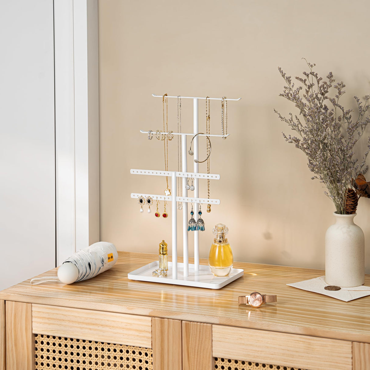 pickpiff Jewelry Stand Organizer, 14.5" Tall Sturdy Metal, 3-TierJewelry Holder for Necklace, Earring, Bracelet, Ring, Hanger for Display and Storage, Aesthetic Room Decor, White pickpiff
