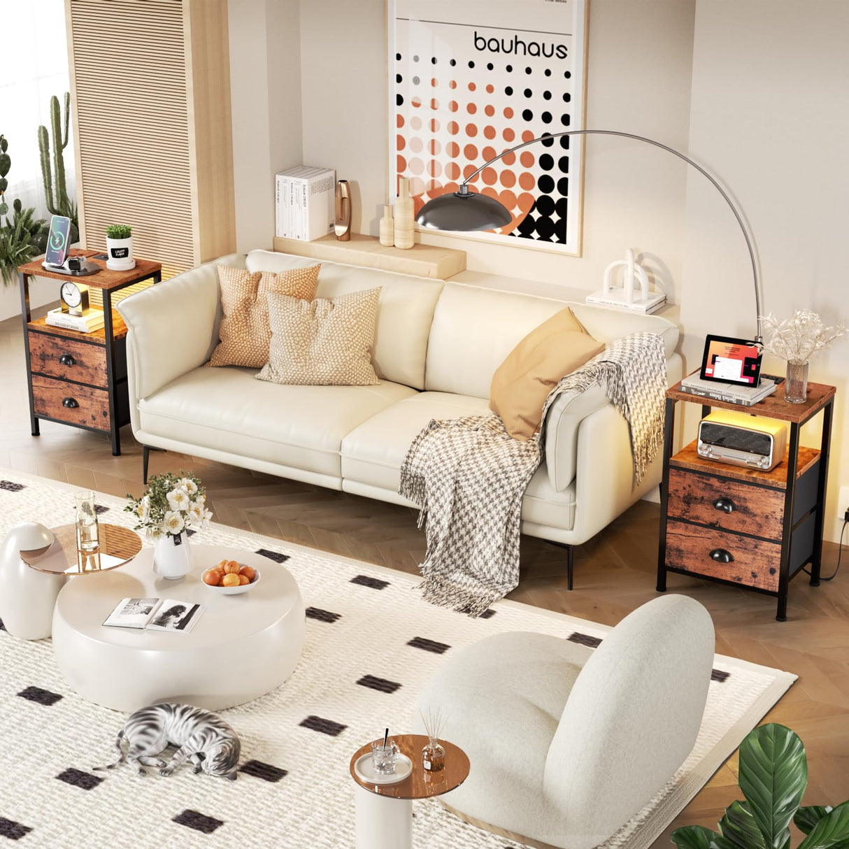 Furologee Nightstand with Charging Station, End Table with LED Lights, Bedside Table with USB Ports & Outlets, Night Stands with 2 Drawers, for Living Room/Bedroom Furologee