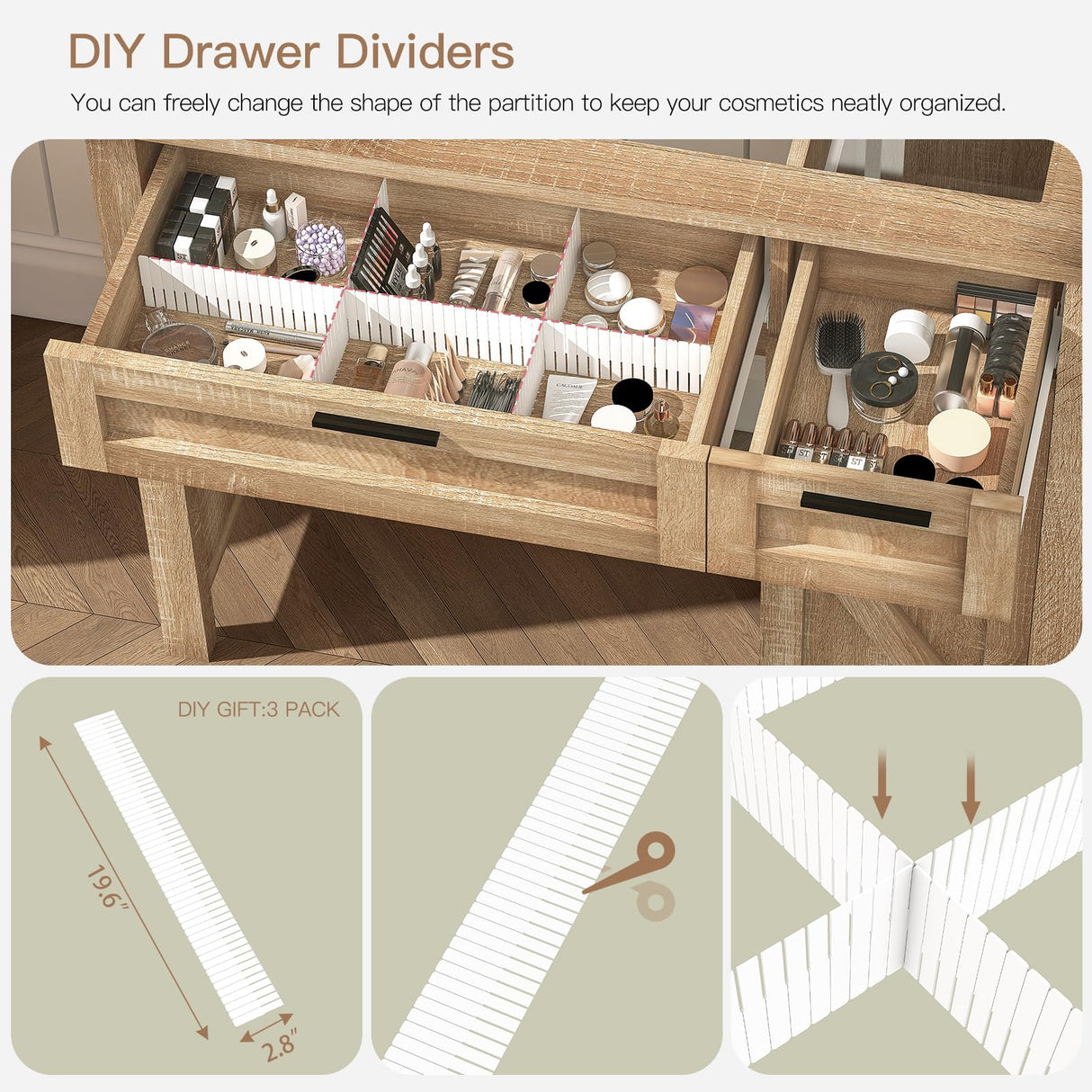 usikey Farmhouse Makeup Vanity Desk with Mirror and Lights, Glass Tabletop Makeup Vanity with Adjustable Shelves, Vanity Table Set with 2 Drawers and Side Cabinet for Bedroom, Maple usikey