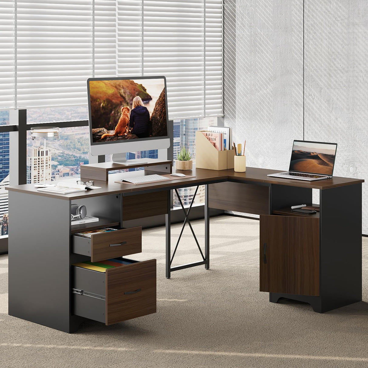 Bestier L Shaped Desk with File Drawers, 63" x 47" Office Computer Desk with Storage Cabinet, Corner Desk with Monitor Stand & Modesty Panel for Home Office, Gray Bestier