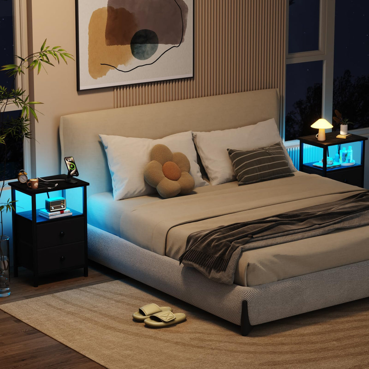 LOAKEKEL Nightstand with Charging Station, End Table with 2 Fabric Drawers, LED Night Stand for Bedroom, Small Bed Side Table with USB Ports and Outlets for Living Room, Black, HETS02BK-1 LOAKEKEL