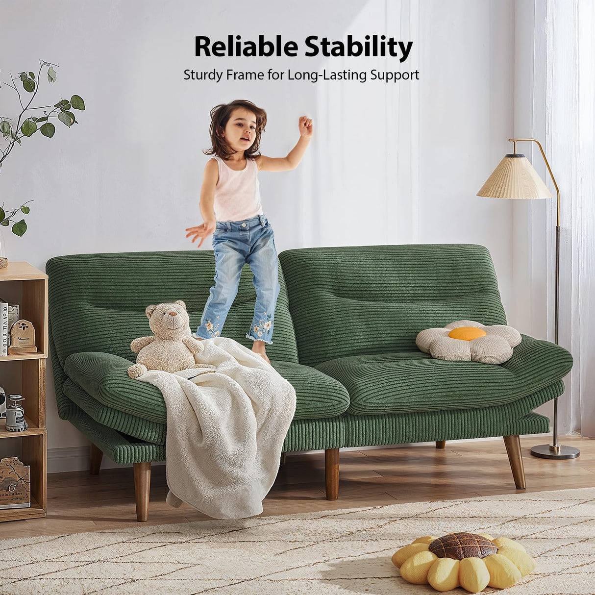 Pipishell Convertible Futon Sofa Bed,66" Corduroy Futon Couch with Adjustable Backrest and Armrests, Recliner Sleeper Sofa for Small Spaces, Play Room or Office, Green Pipishell