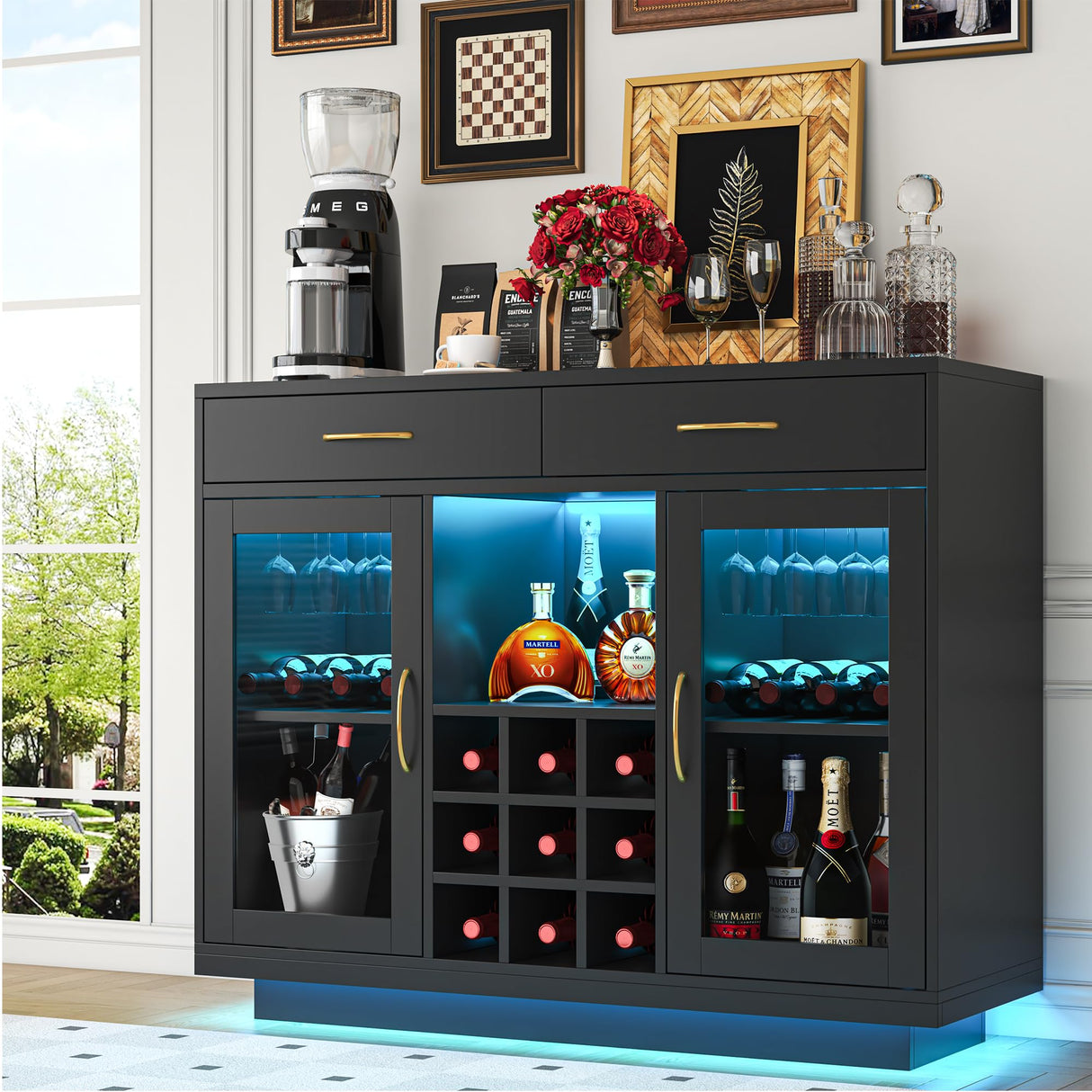 knoworld Wine Bar Cabinet with LED Lights, Coffee Bar Cabinet with Wine and Glass Rack, Black Bar Cabinet Liquor Cabinet, Kitchen Buffet Sideboard with Storage for Living Room, Dining Room knoworld