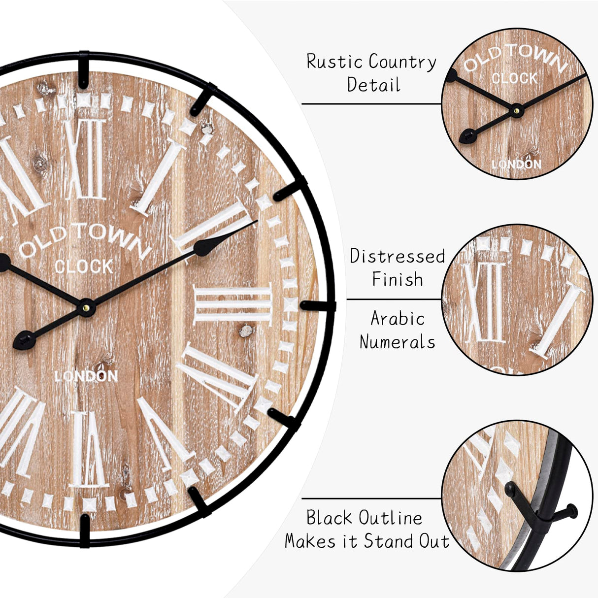 MODE HOME Large Farmhouse Wall Clock, 24 Inch Rustic Wooden Wall Clock Decorative with Metal Circle and Engraved Numerals, Silent Battery Operated for Kitchen Bedroom Living Room Fireplace Mantel MODE HOME