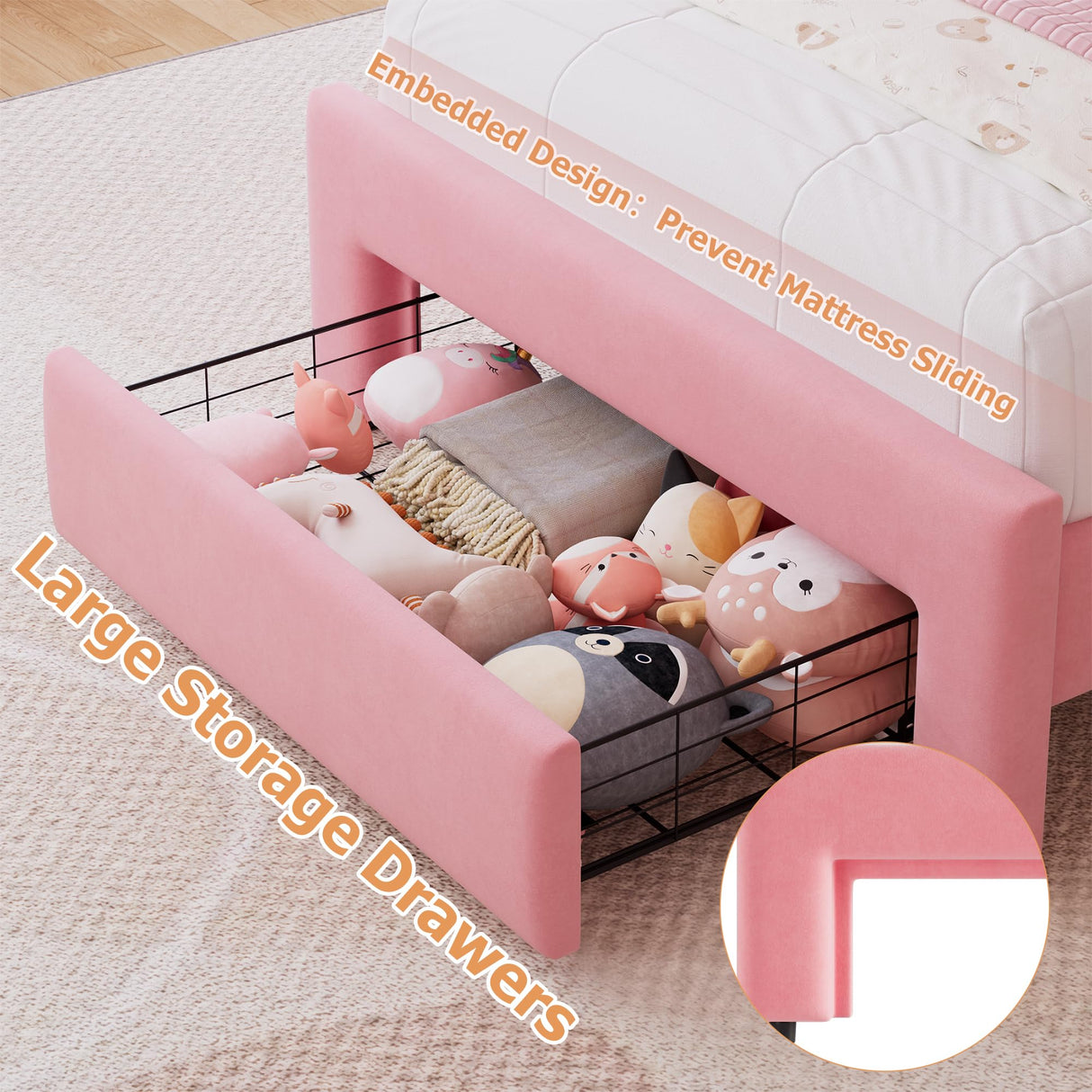 Twin Upholstered LED Bed Frame with Storage Drawer and Adjustable Chic Double Wavy Headboard, Velvet Princess Platform Bed for Girls/Kids, Solid Wood Slats Support, No Box Spring Needed, Pink Jocoevol