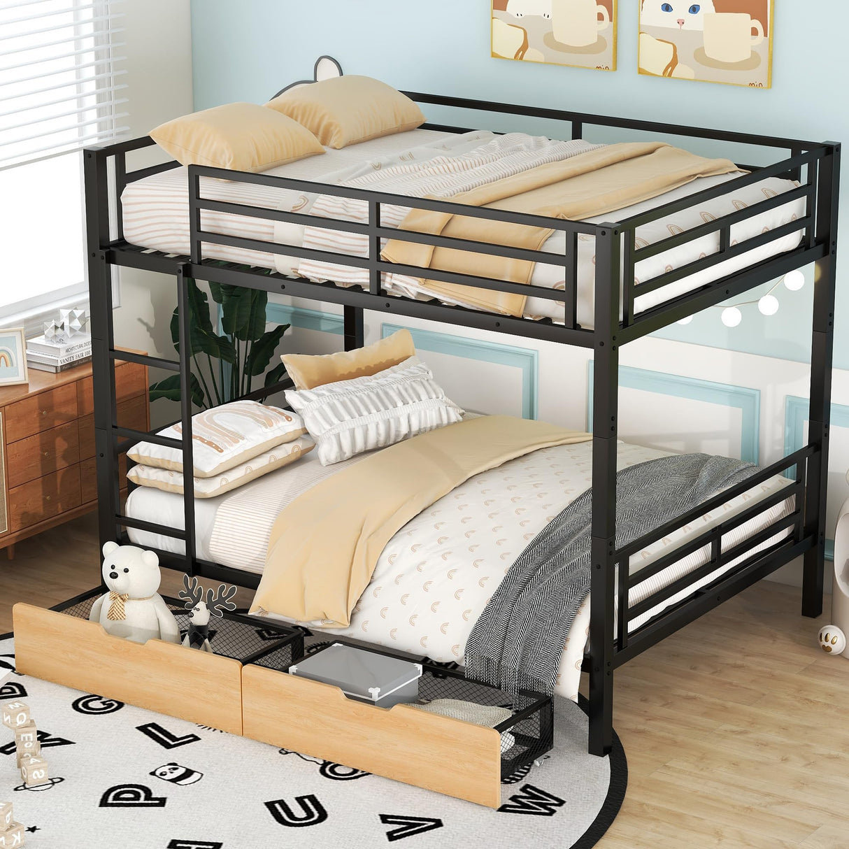 FAROUCHE Full Over Full Bunk Bed with 2 Drawers, Heavy Duty Metal Full Bed with Guardrail and Ladder, Can be Convertible to 2 Separated Beds, Noise Free, Space Saving Bunk Bed, Black FAROUCHE