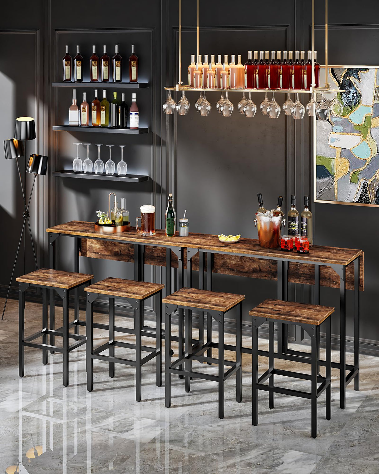 CHOEZON Bar Table and Stool Set, 39.4'' Folding Dining Table with 2 Stools, Industrial Style, for Restaurant, Living Room, Pub, Rustic Brown and Black TBT02BF CHOEZON