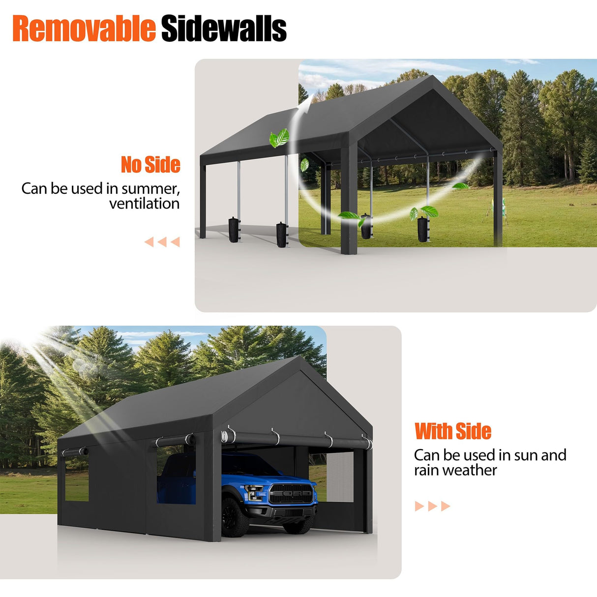 JAMFLY Carport, 12x20 ft Heavy Duty Carport with Roll-up Windows, Portable Garage with Removable Sidewalls & Doors, Car Canopy with Sandbags and All-Season Tarp for Car Boat Truck Motorcycle JAMFLY