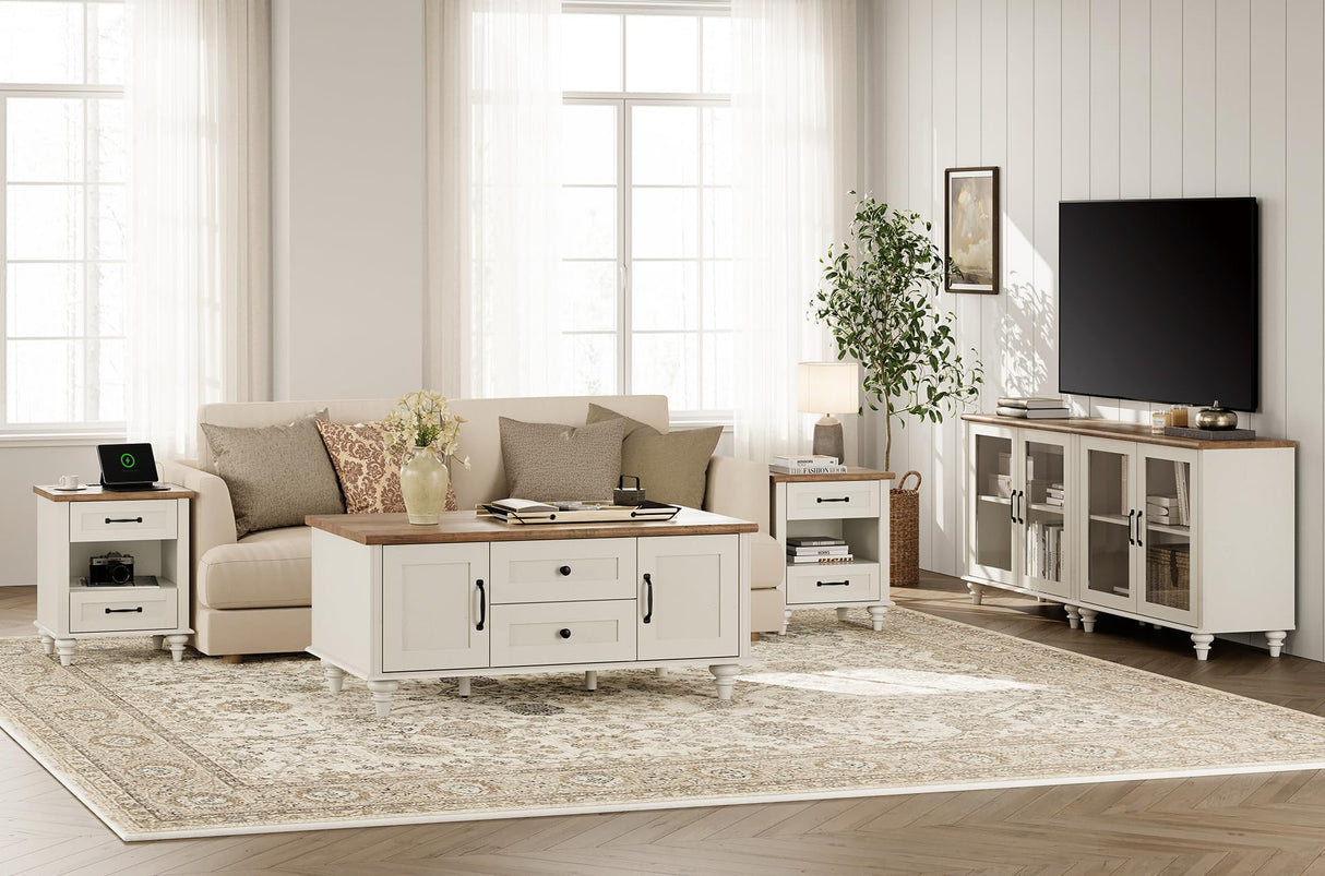 WAMPAT White Coffee Table with Drawers & Storage Cabinet, Modern Rectangle Center Table for Living Room, Rustic Wooden Cocktail Table Tea Table for Home, Office WAMPAT