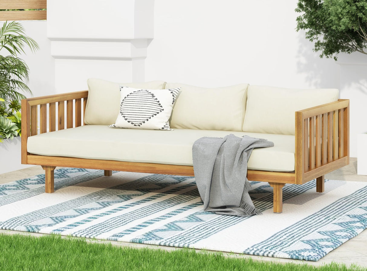 Merax Outdoor 3 Seater Daybed, Acacia Wood Day Bed Couch Sofa with Cushions for Patio Backyard, Garden, Beige Merax