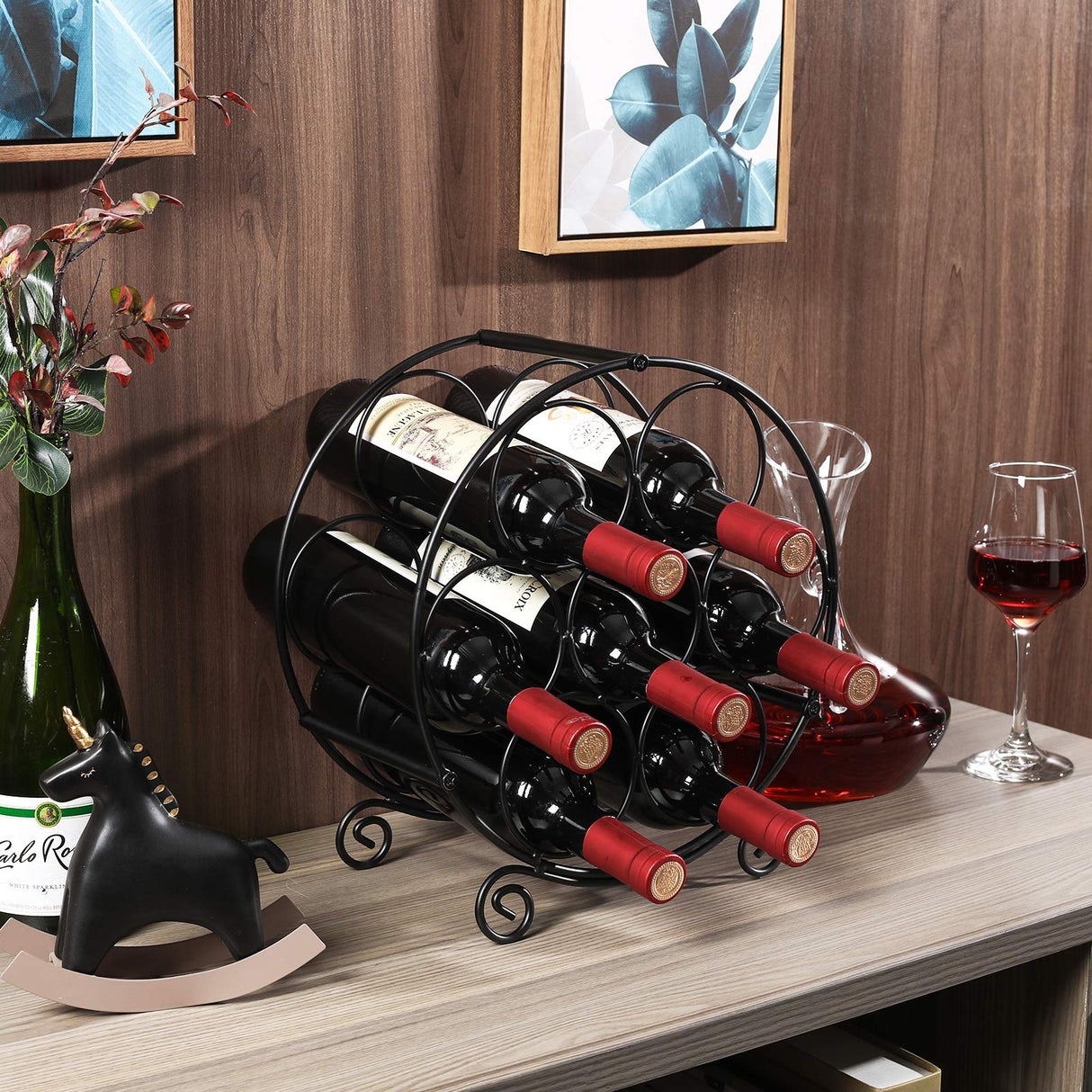 PAG 7 Bottles Freestanding Countertop Wine Rack, Metal Small Table Top Wine Rack, Drink Organizer Bottle Holder, Kitchen Organizers and Storage, Black PAG