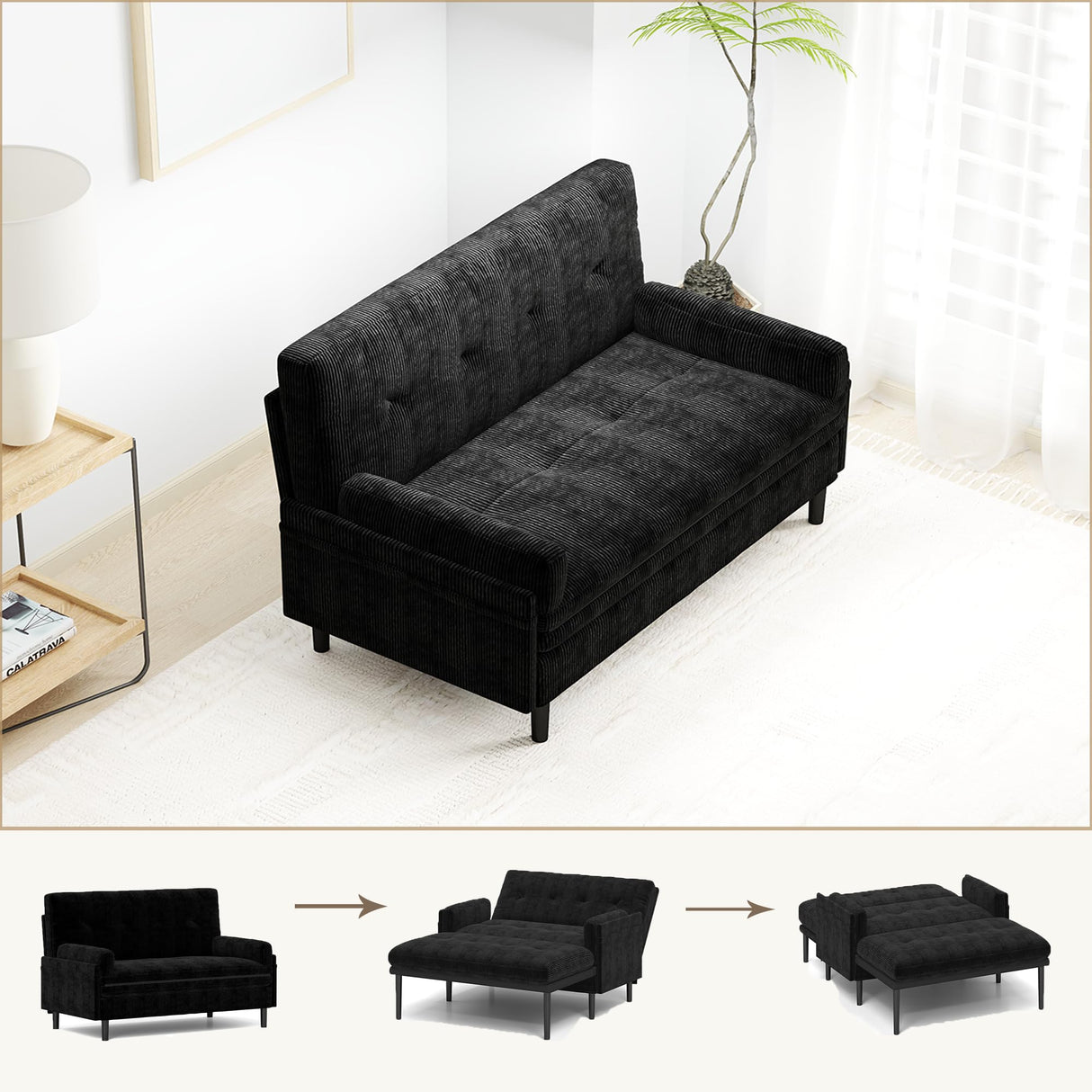 Majnesvon 55" Modern Corduroy Sofa Bed Futon,3-in-1 Convertible Pull Out Sleeper Couch Bed with Adjustable 3 Backrest,Folding Small Loveseat for Living Room Bedroom RV Office (Black) Majnesvon