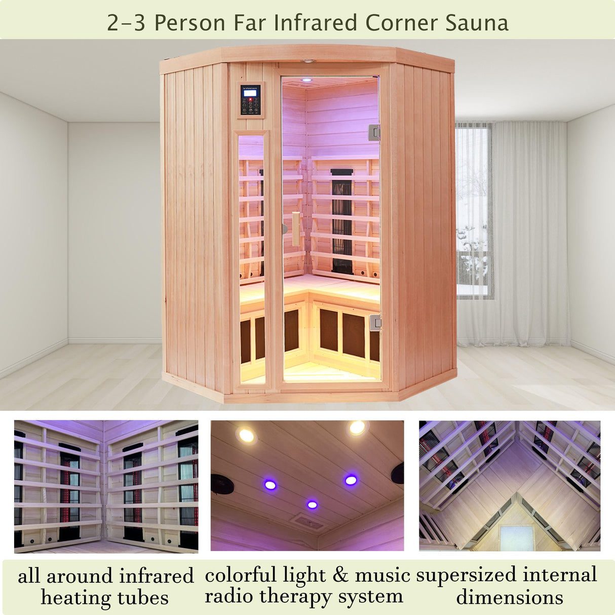 KUNSANA Ceramic Infrared Sauna 2-3 Person Far Infrared Saunas for Home Low EMF Indoor Home Sauna Hemlock Wooden Corner Sauna Room w/Bluetooth Speaker, LED Reading Lamp, Chromotherapy Light KUNSANA