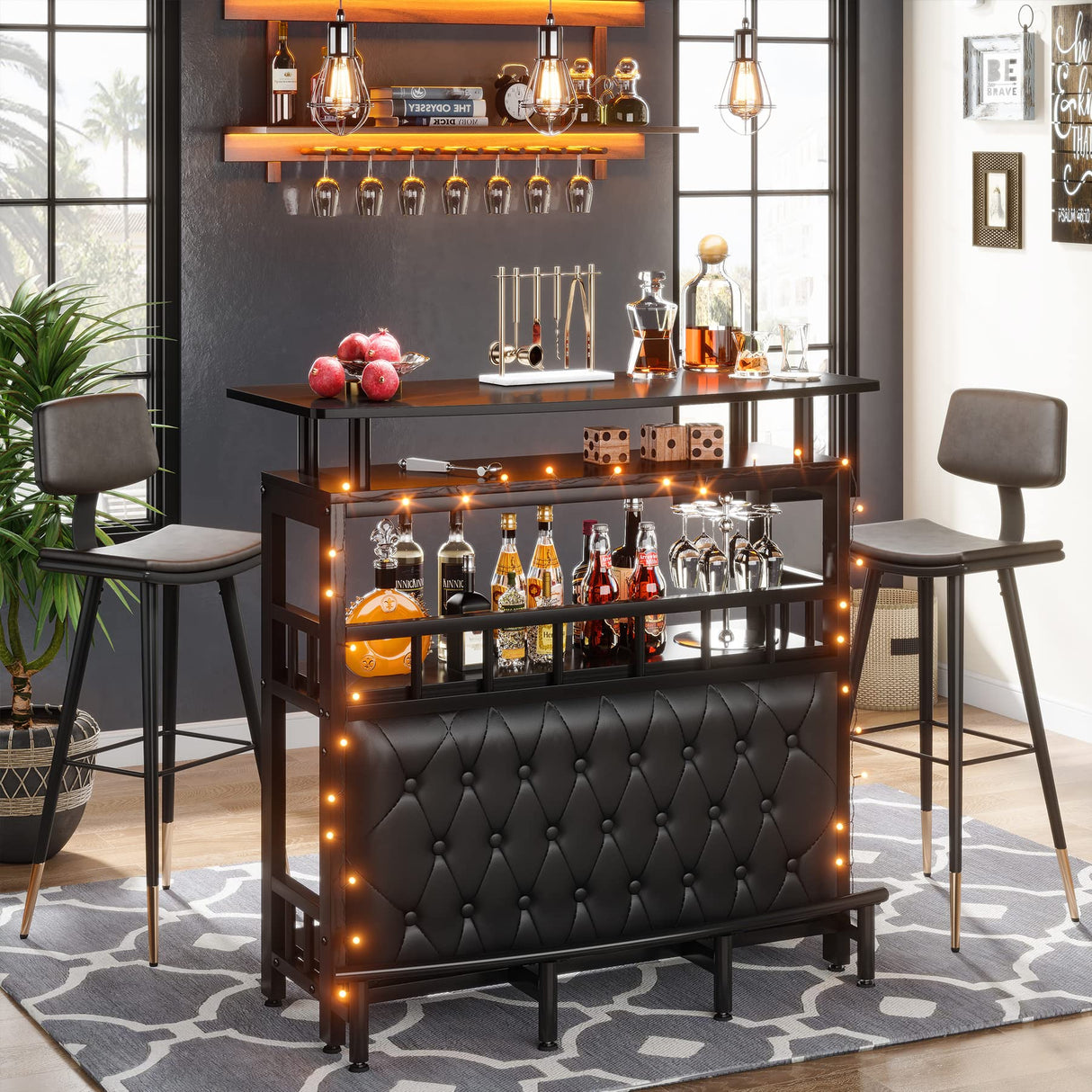 Tribesigns Home Bar Unit for Liquor, 44-Inch Bar Height Table with Storage, Black Entertainment Pub Table, Mini Bar Carts Upholstered&Metal Front Footrest for Kitchen, Balcony, Basement Tribesigns