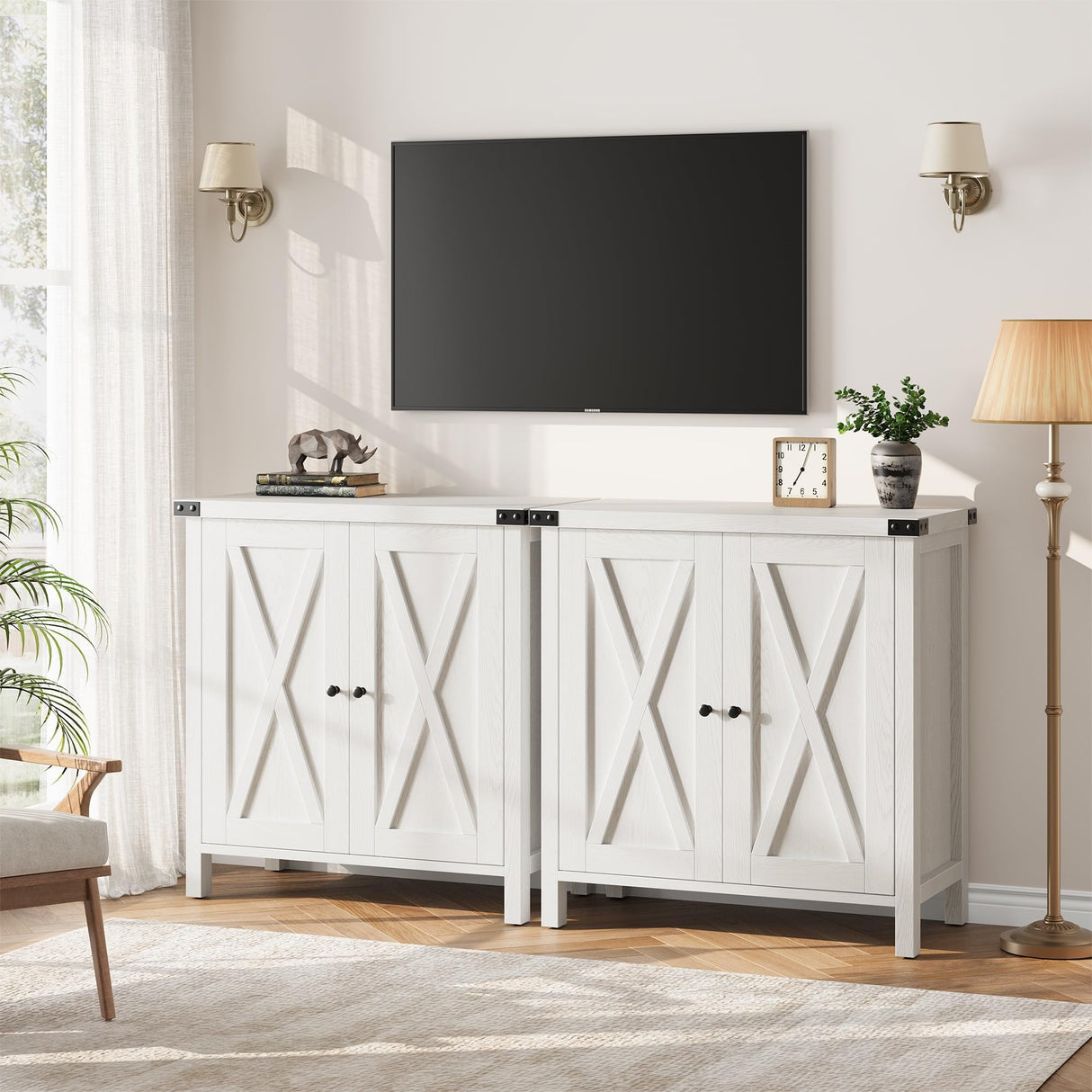 GarveeHome Farmhouse Sideboard Buffet Cabinet, Small Storage Cabinet with 2 Doors and Adjustable Shelves, Accent Entryway Console Cupboard for Living Room, Dining Room, White GarveeHome