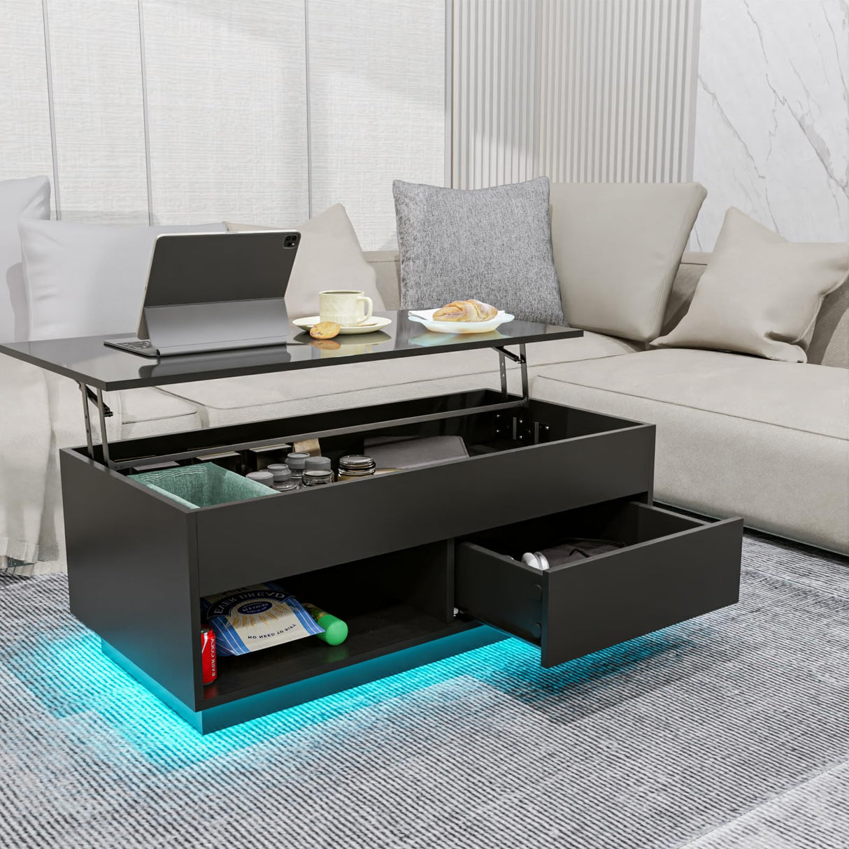 HOMMPA Lift Top Coffee Table with Storage LED Coffee Table Morden High Gloss Living Room 3 Tiers Modern Tea Table with Storage Center Tables Hidden Compartment & Open Shelve & Drawer Black HOMMPA