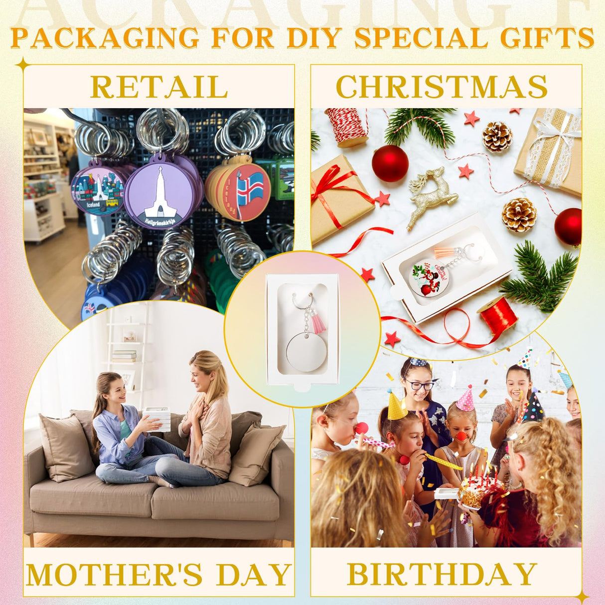 Dunzoom 30 Pcs Sublimation Keychain Blanks Gift Box 5.4" x 3.4" x 0.7" MDF Sublimation Blanks Holder Acrylic Keychain Packaging Box with Window Display Card for Rectangle Round Keychain Gift Wrapping Dunzoom