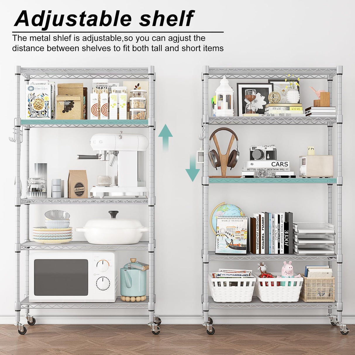 Himimi 5-Tier Storage Shelf Wire Shelving Unit on Wheels, Adjustable Heavy Duty Metal Shelves with Side Hooks, Steel Rack Organization for Kitchen Garage Basement, Silver Himimi