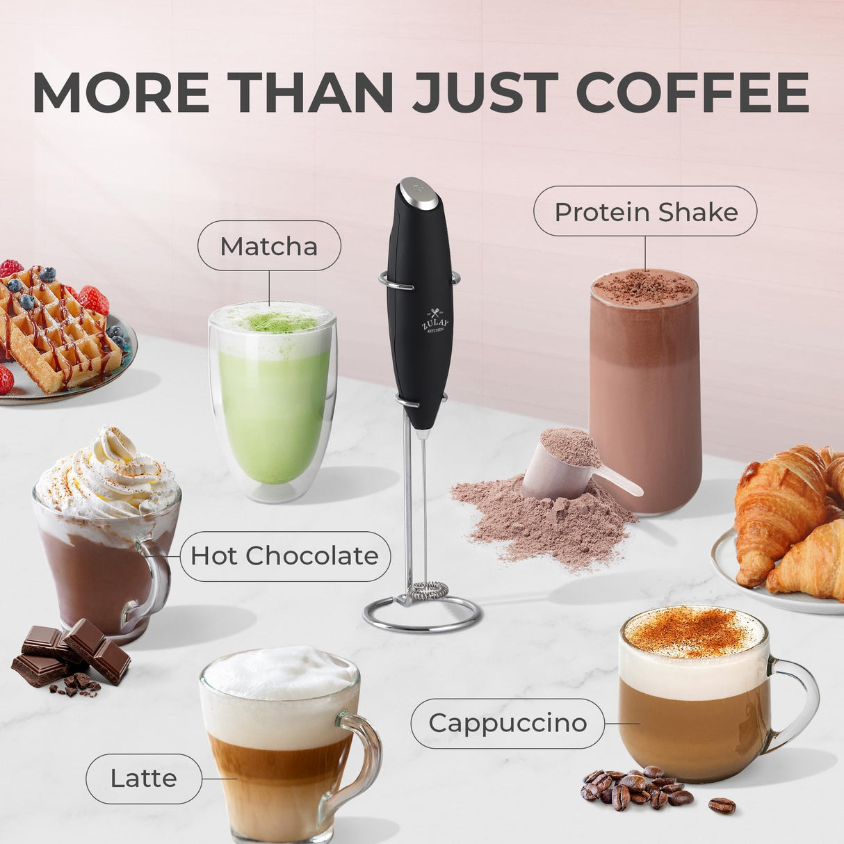 Zulay Kitchen Powerful Milk Frother Wand With 2 Duracell Batteries - Ultra Fast Handheld Drink Mixer - Electric Whisk Foam Maker for Coffee, Lattes, Cappuccino, Matcha, Hot Chocolate & Creamer - Black Zulay Kitchen